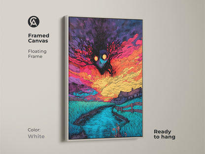 Framed canvas artwork with a floating frame. The artwork features a spooky monster over a farm landscape at sunset. The frame is white and ready to hang. A perfect piece for horror art collectors.