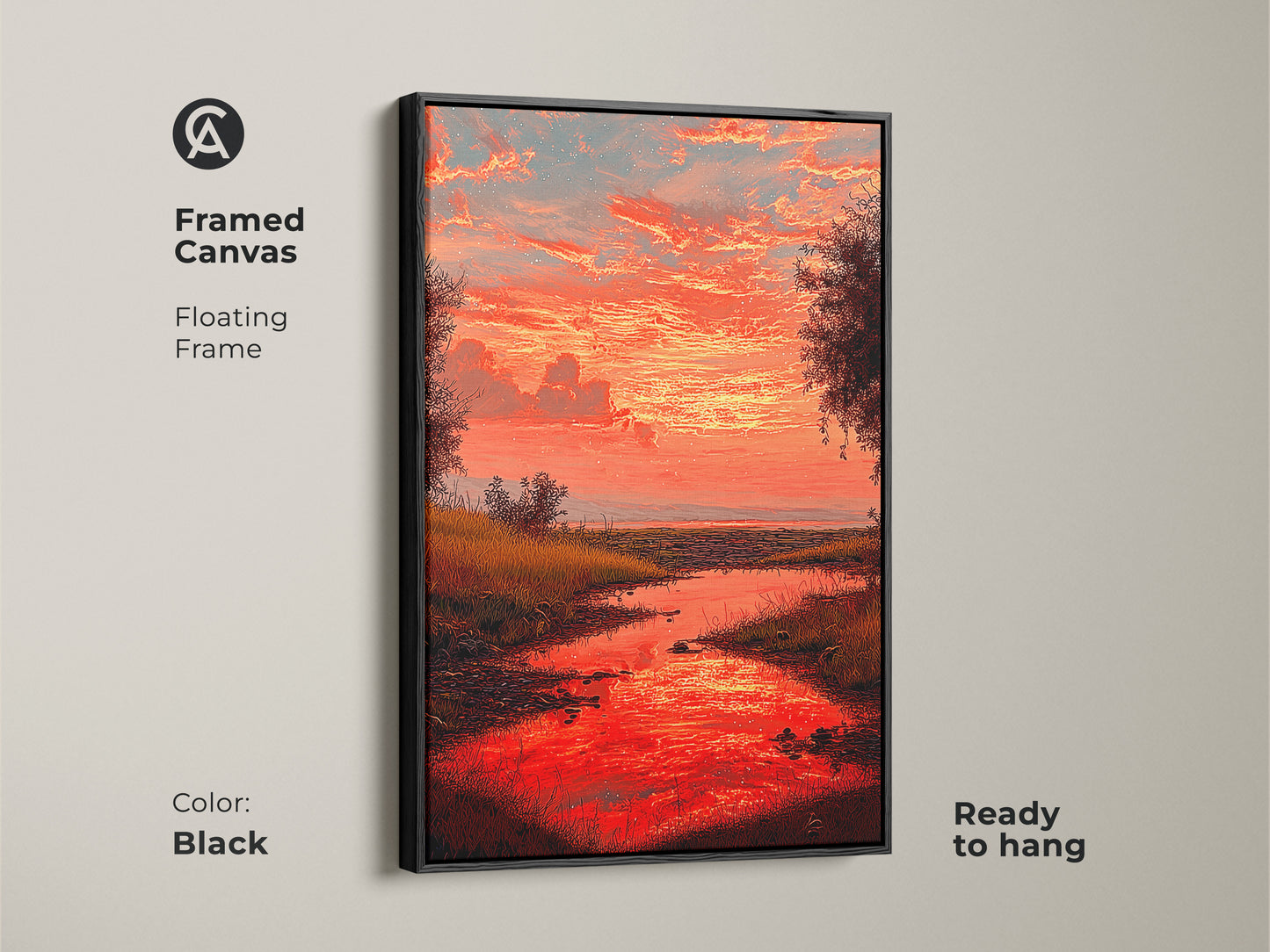 Framed canvas displaying a red sunset river artwork. The floating frame enhances the impressionist nature scenery. The artwork is ready to hang adding an eclectic touch to your home. Its vibrant colors and peaceful scene make it a perfect addition to any room.