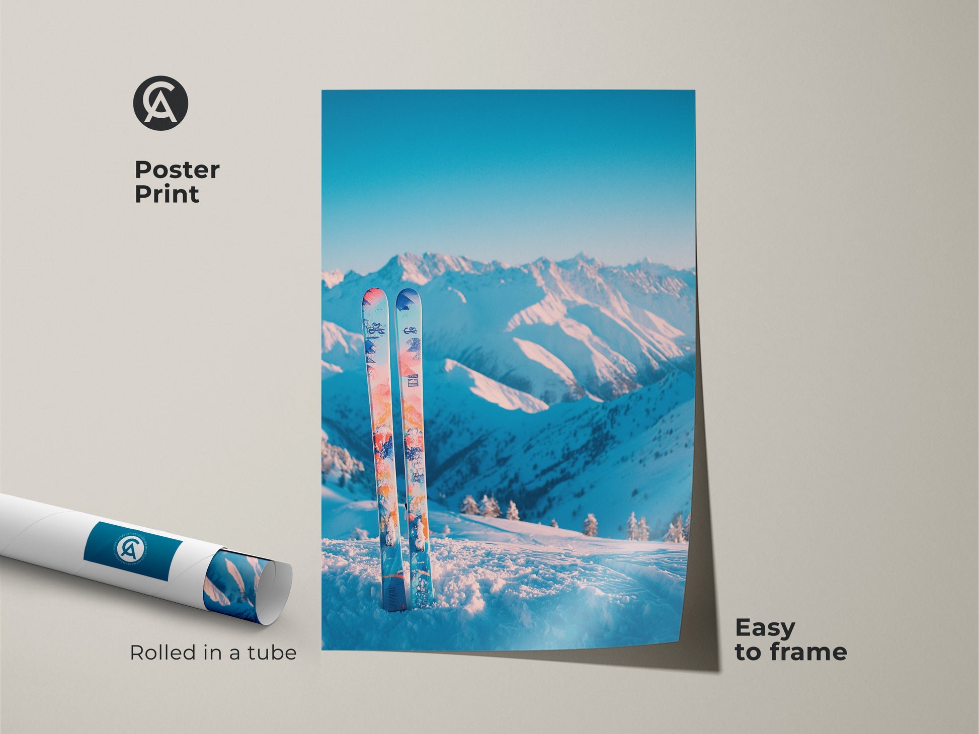 Poster print showcasing a stunning winter mountain landscape. A pair of skis are vertically placed in the snow. This museum-quality paper print is rolled in a tube for easy framing. Ideal for adding a touch of nature to your home decor with winter sports.