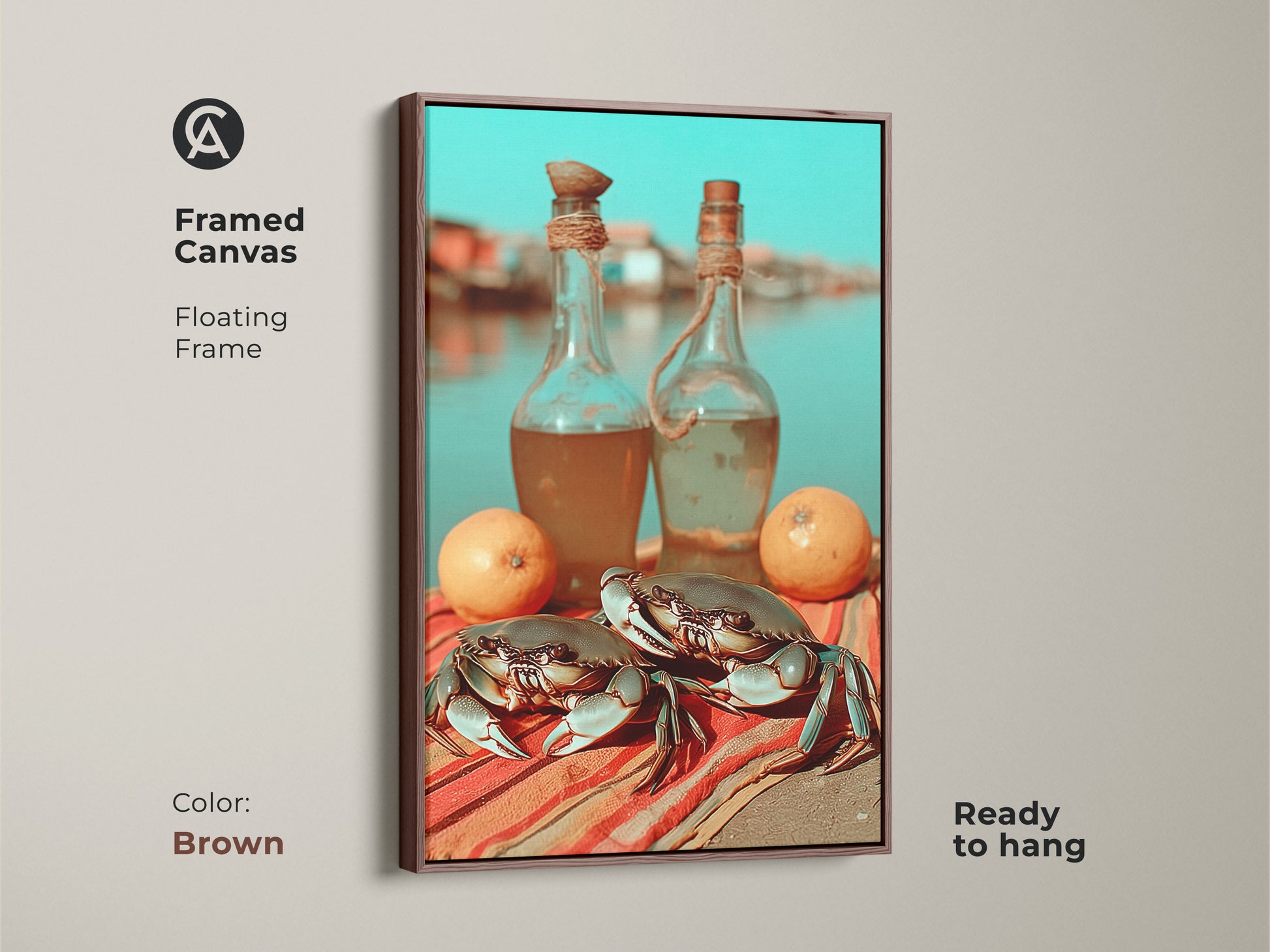 Coastal crab and lemon art print on framed canvas. The brown floating frame complements this still life. Beach theme foodies gift for dining room. Orange red and turquoise bring vibrant coastal home decor. This nautical kitchen artwork is ready to hang.