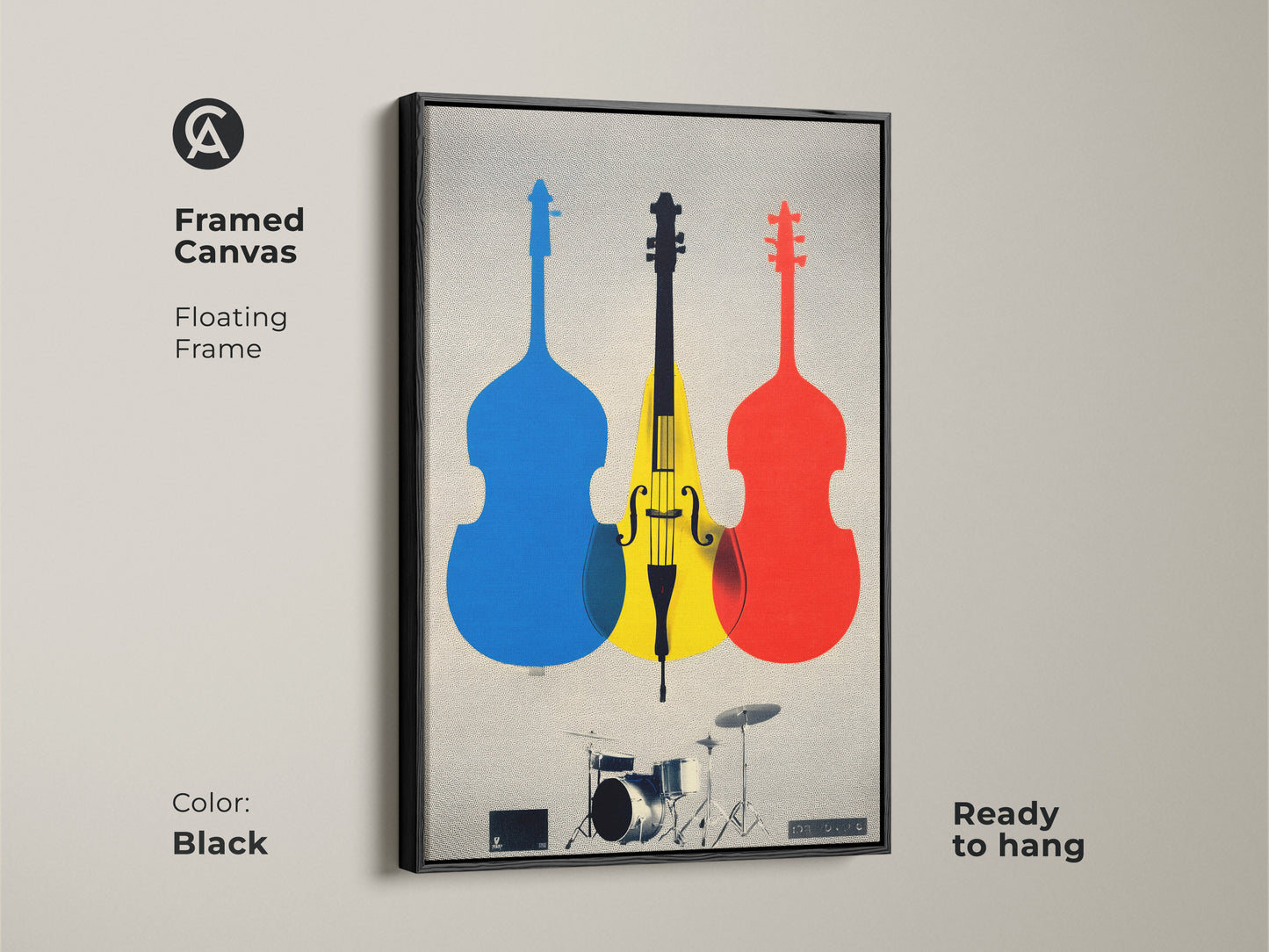 Framed canvas with floating frame showcases a cello and drum set. See the abstract music instrument art in a modern wall hanging. The framed canvas is ready to hang and adds a pop of color. This graphic art features blue yellow and red tones. It's ideal for a music lover or musician birthday gift.