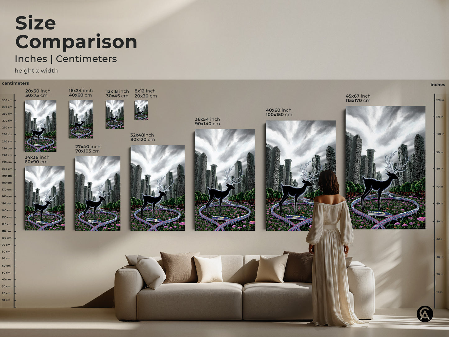 Compare sizes of the surreal deer art. See how the black deer cityscape looks in inches and centimeters. This animal artwork fits various spaces from small to large. The green grey art makes a modern statement in any room. Perfect for eclectic decor.