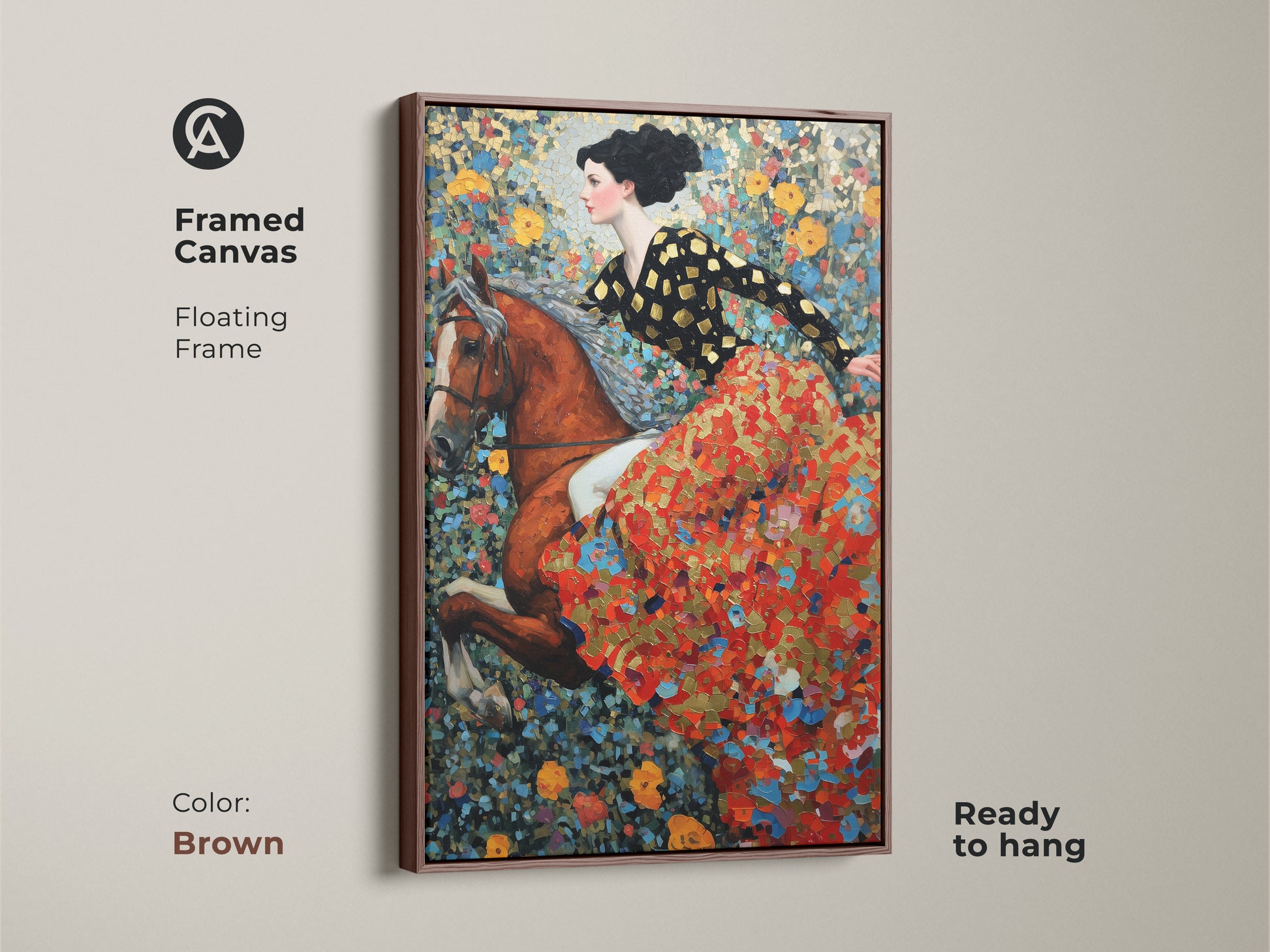 Framed canvas art of a woman riding a horse set against a floral backdrop. The floating frame is brown and ready to hang. This equestrian wall art showcases a blend of red gold and blue. It's perfect for adding a bohemian touch. This artwork suits those who love horses.