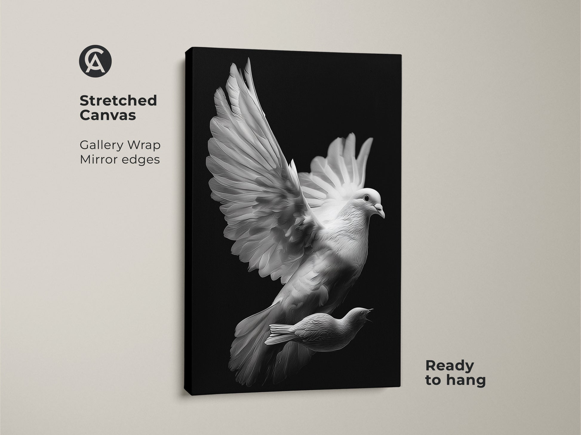 Stretched canvas of minimalist dove wall art. The black and white bird print is a spiritual touch. A perfect peaceful decor addition to any home office. Its a monochrome bird canvas art piece.