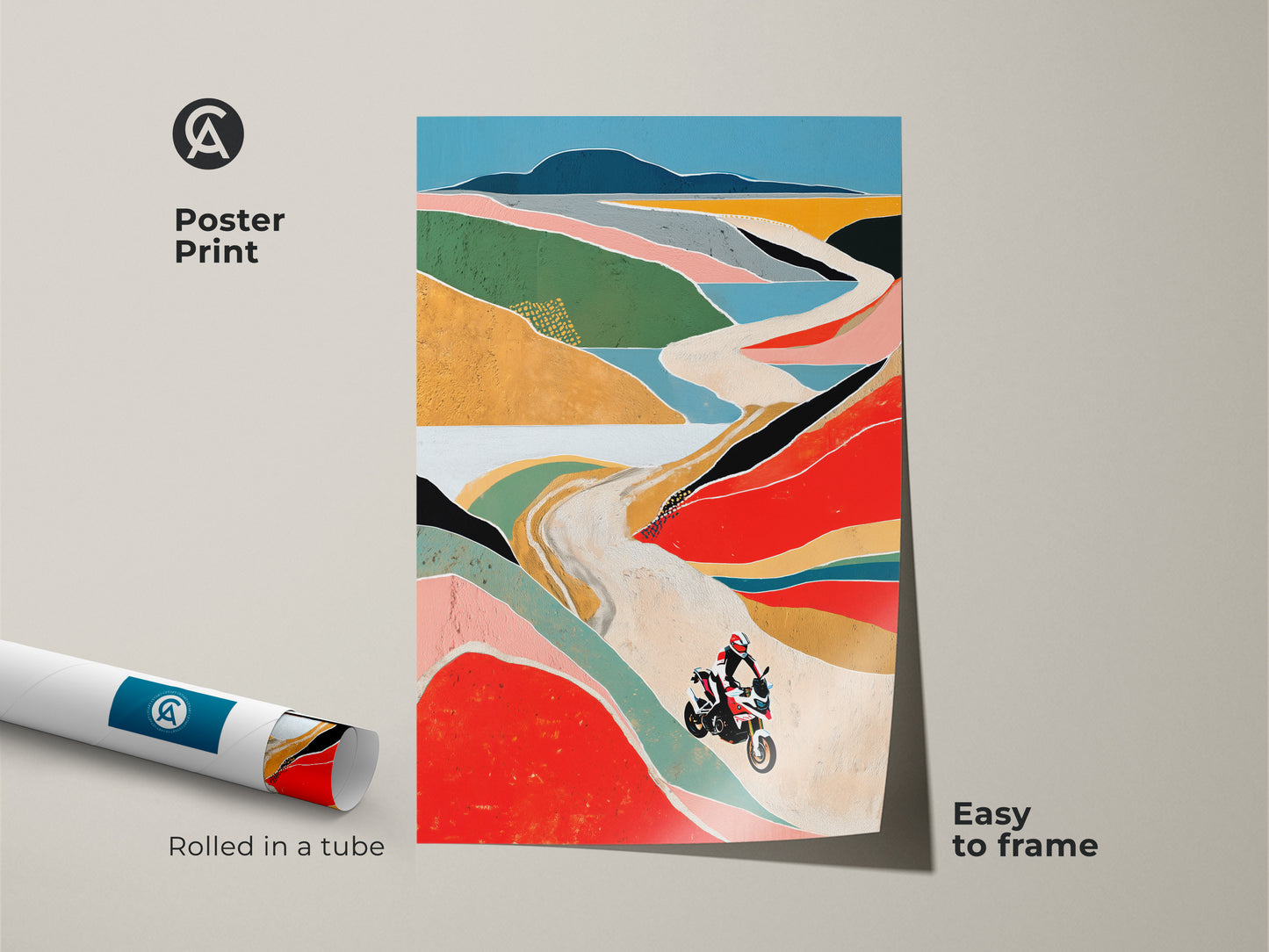 Unleash your adventurous side with this abstract geometric art print. Showcasing a vibrant motorcycle scene on a mountain road this rolled poster is easy to frame. The colorful landscape adds a bold touch to any office adventure decor or home setting.