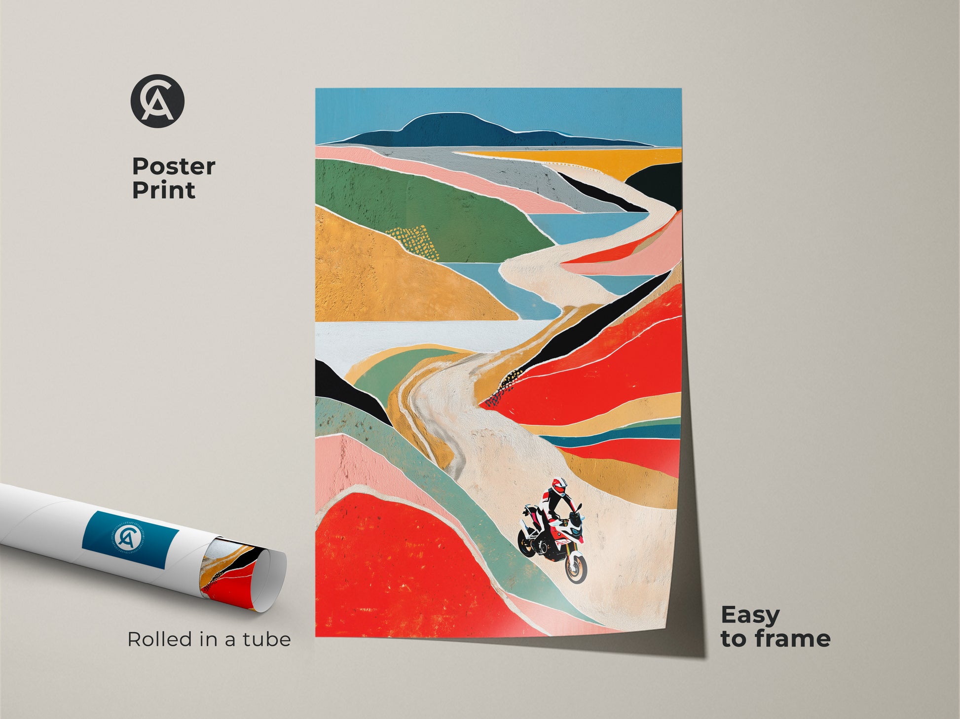 Unleash your adventurous side with this abstract geometric art print. Showcasing a vibrant motorcycle scene on a mountain road this rolled poster is easy to frame. The colorful landscape adds a bold touch to any office adventure decor or home setting.