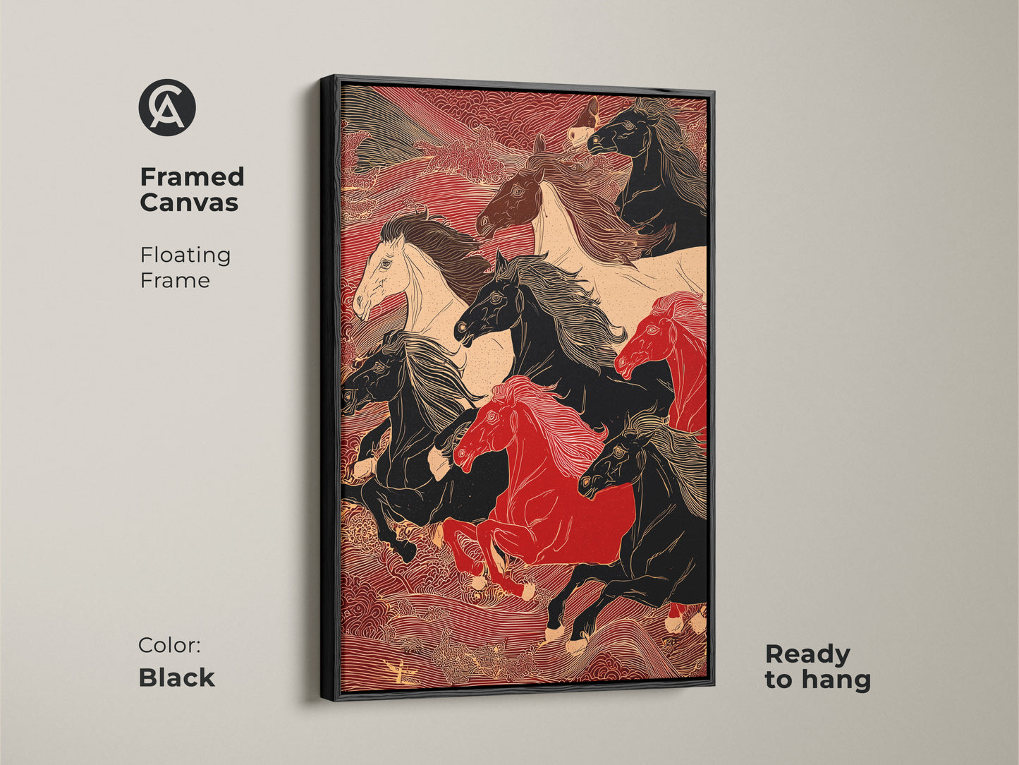 A framed canvas featuring an illustration of running horses. The artwork has a floating black frame. The horses are black red and white. This is perfect for home decor. It is ready to hang.