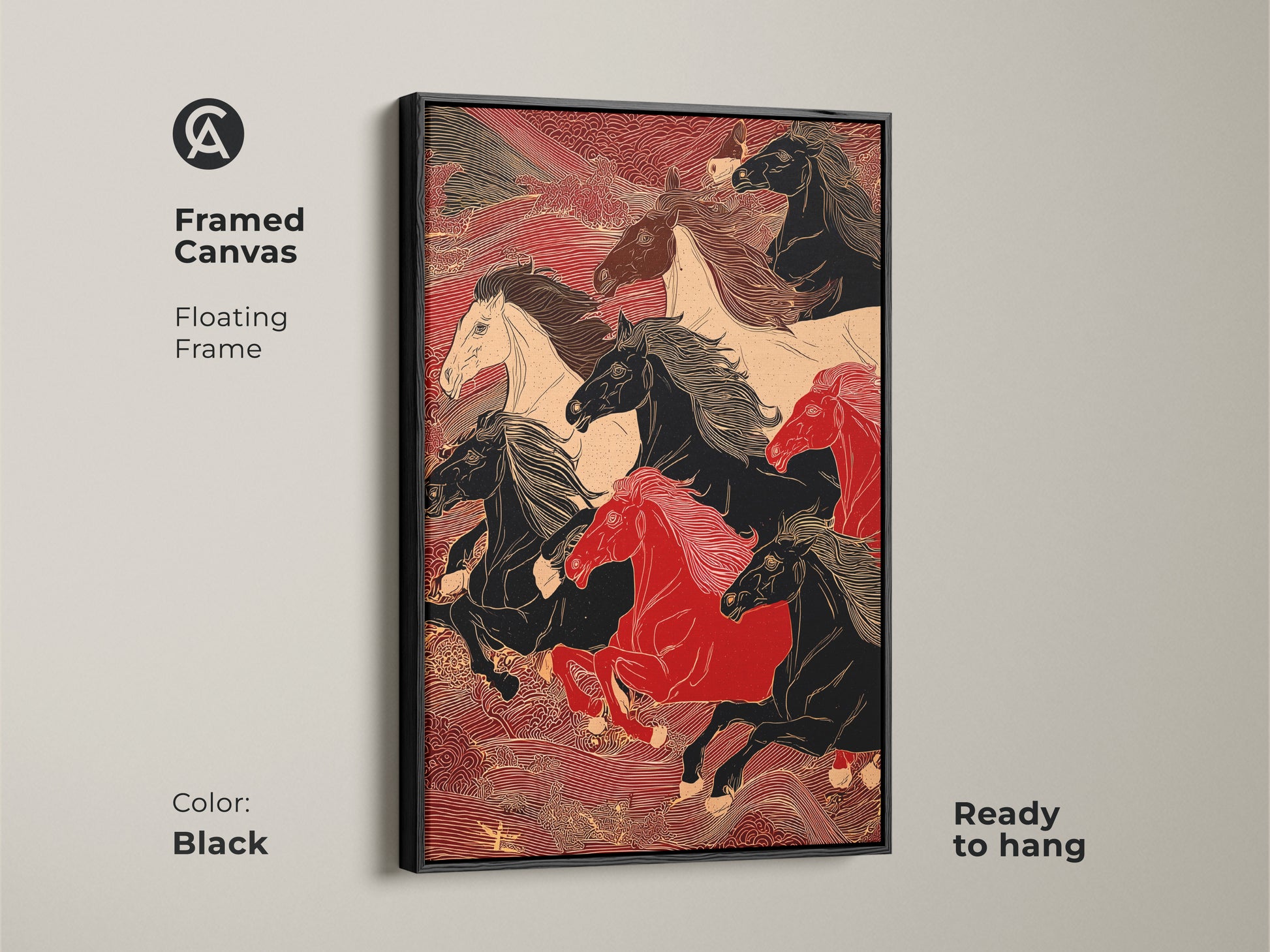 A framed canvas featuring an illustration of running horses. The artwork has a floating black frame. The horses are black red and white. This is perfect for home decor. It is ready to hang.