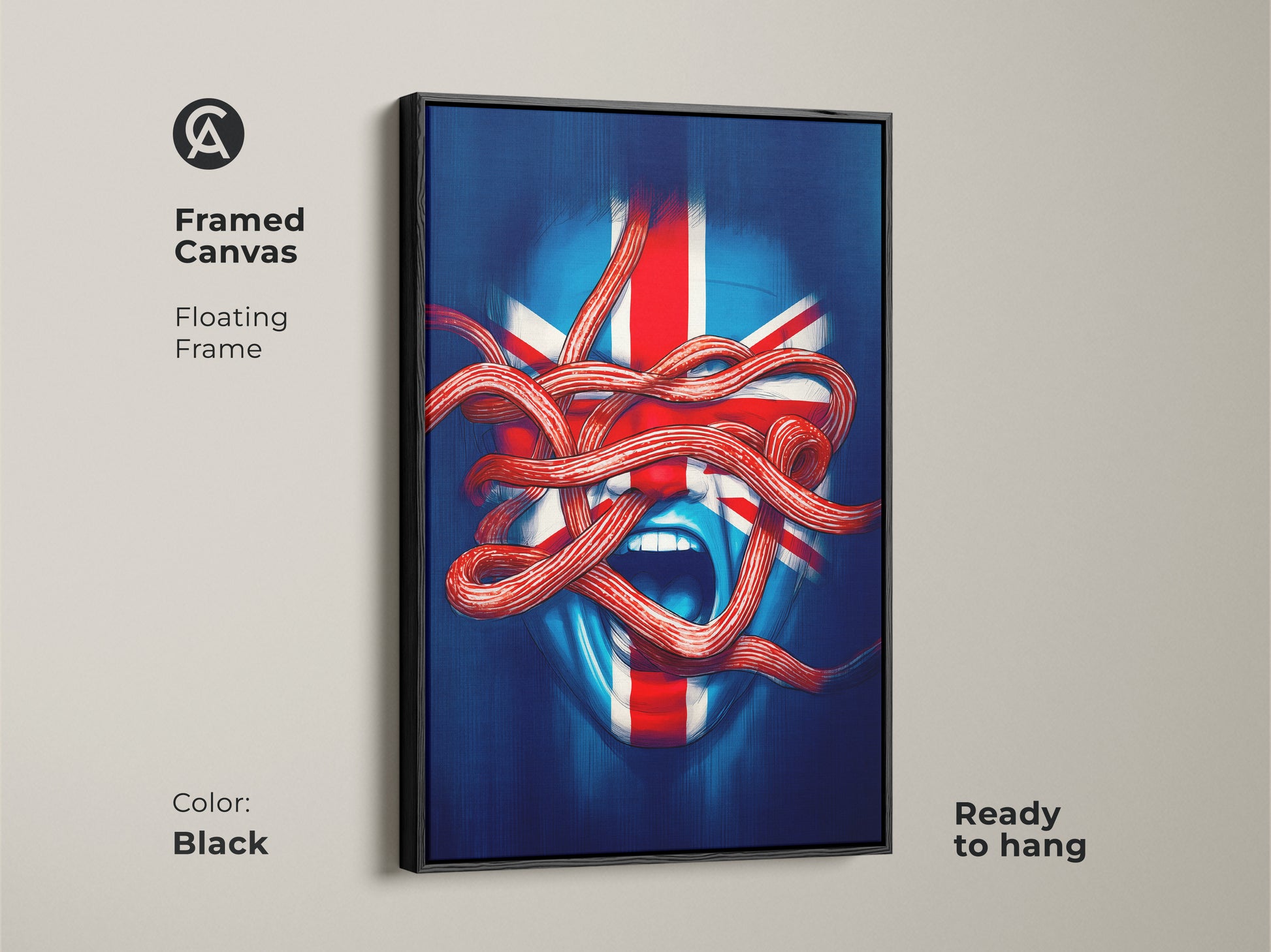 Framed canvas of Union Jack face artwork with a floating black frame. Ready to hang modern surrealism piece adds bold decor to any room. The blue red white abstract art shows patriotic British flavor. Eclectic wall decor.