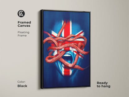 Framed canvas of Union Jack face artwork with a floating black frame. Ready to hang modern surrealism piece adds bold decor to any room. The blue red white abstract art shows patriotic British flavor. Eclectic wall decor.