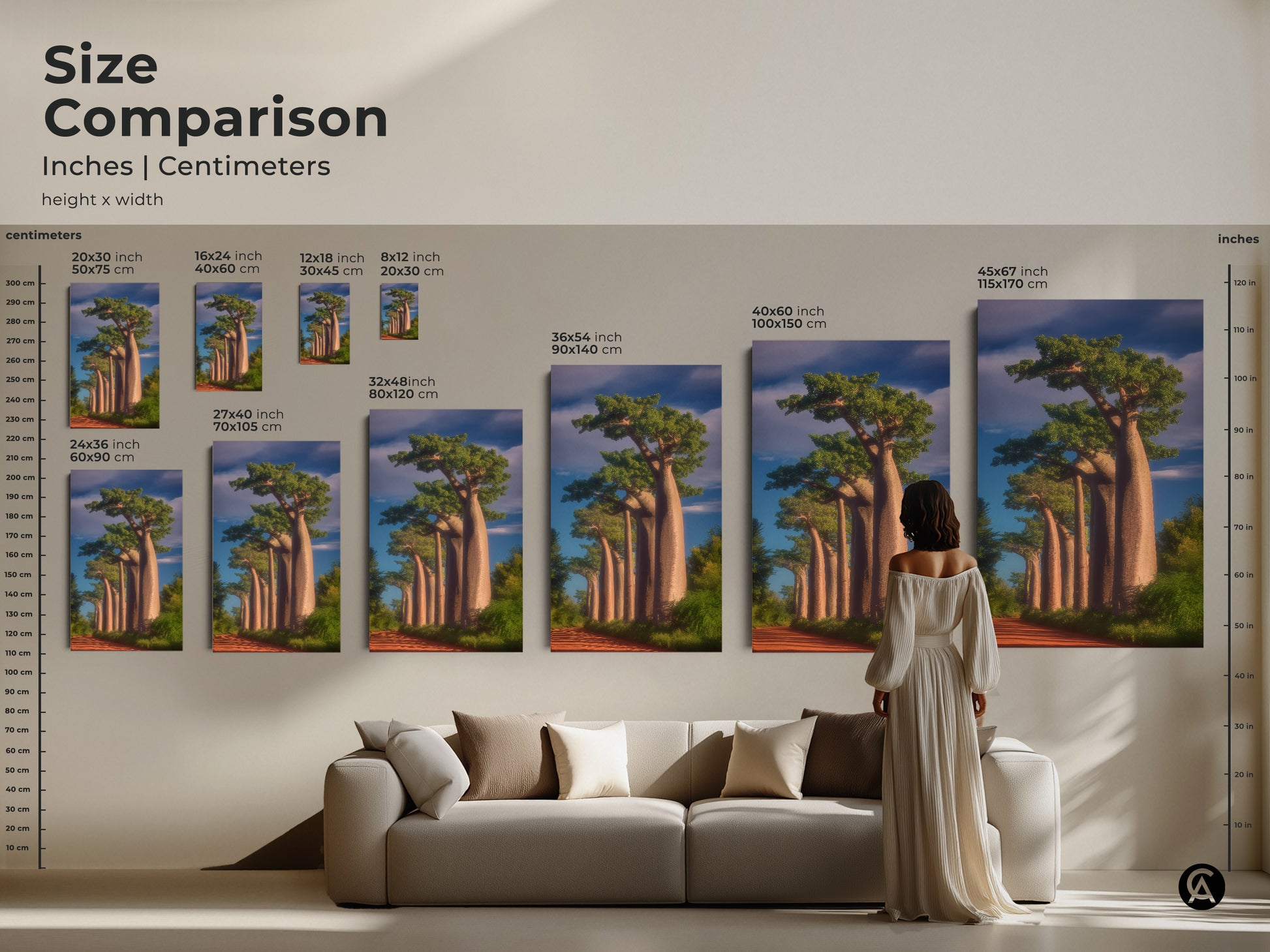 Size comparison of Baobab trees artwork in inches and centimeters. Canvas and poster prints fit various spaces. This African landscape art complements boho decor. Ideal for a travel themed living room.