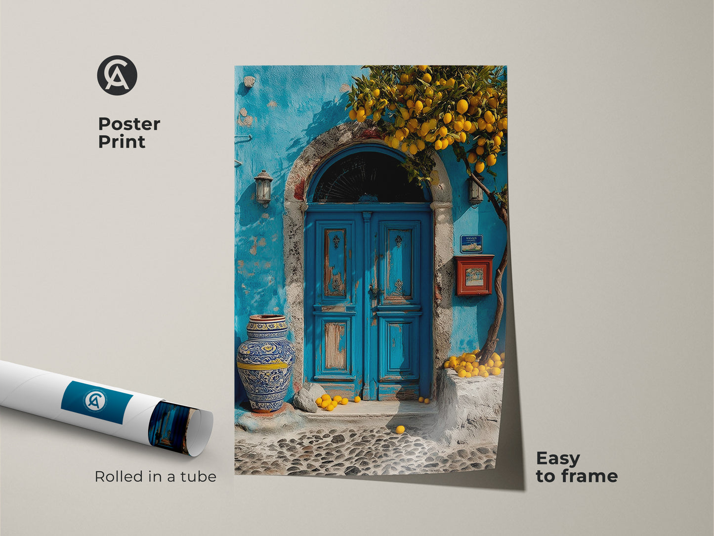Poster Print of a Mediterranean scene. Azure blue door with a lemon tree. Rolled in a tube and easy to frame. This boho coastal art is a travel lovers gift. The vibrant colors and unique composition enhance any room.