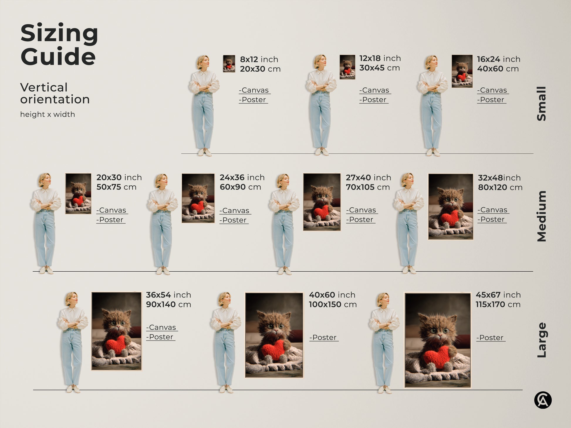 Explore the sizing guide for this cute kitten artwork. Visualize the canvas and poster sizes with models. This helps you choose the perfect fit for your space whether as cozy bedroom decor or a thoughtful Valentine's Day gift.
