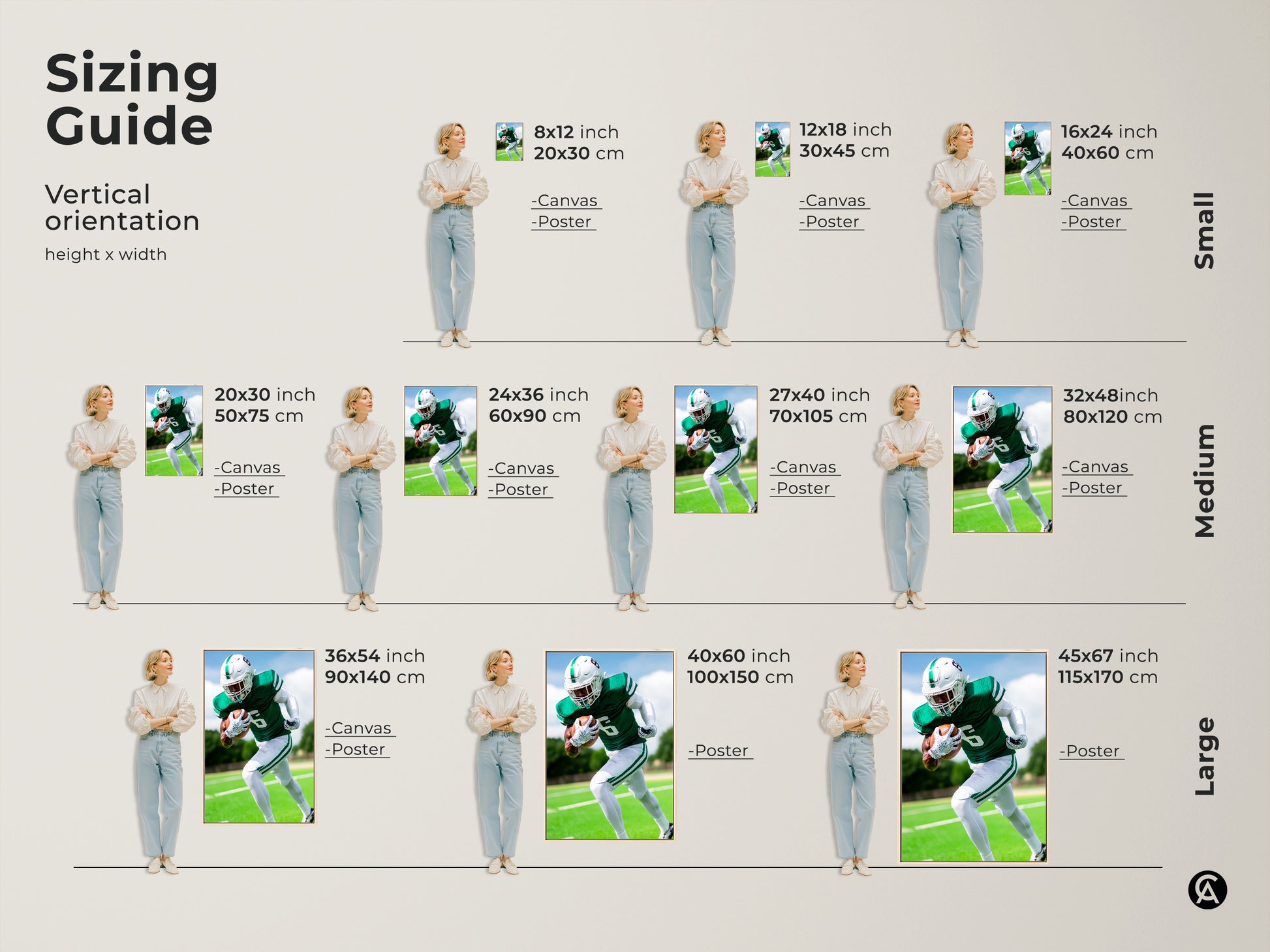 Sizing guide for the American Football canvas and poster. Vertical orientation options are displayed. Find the perfect size for your sports art. Select from small medium or large sizes to fit your space.
