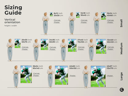Sizing guide for the American Football canvas and poster. Vertical orientation options are displayed. Find the perfect size for your sports art. Select from small medium or large sizes to fit your space.
