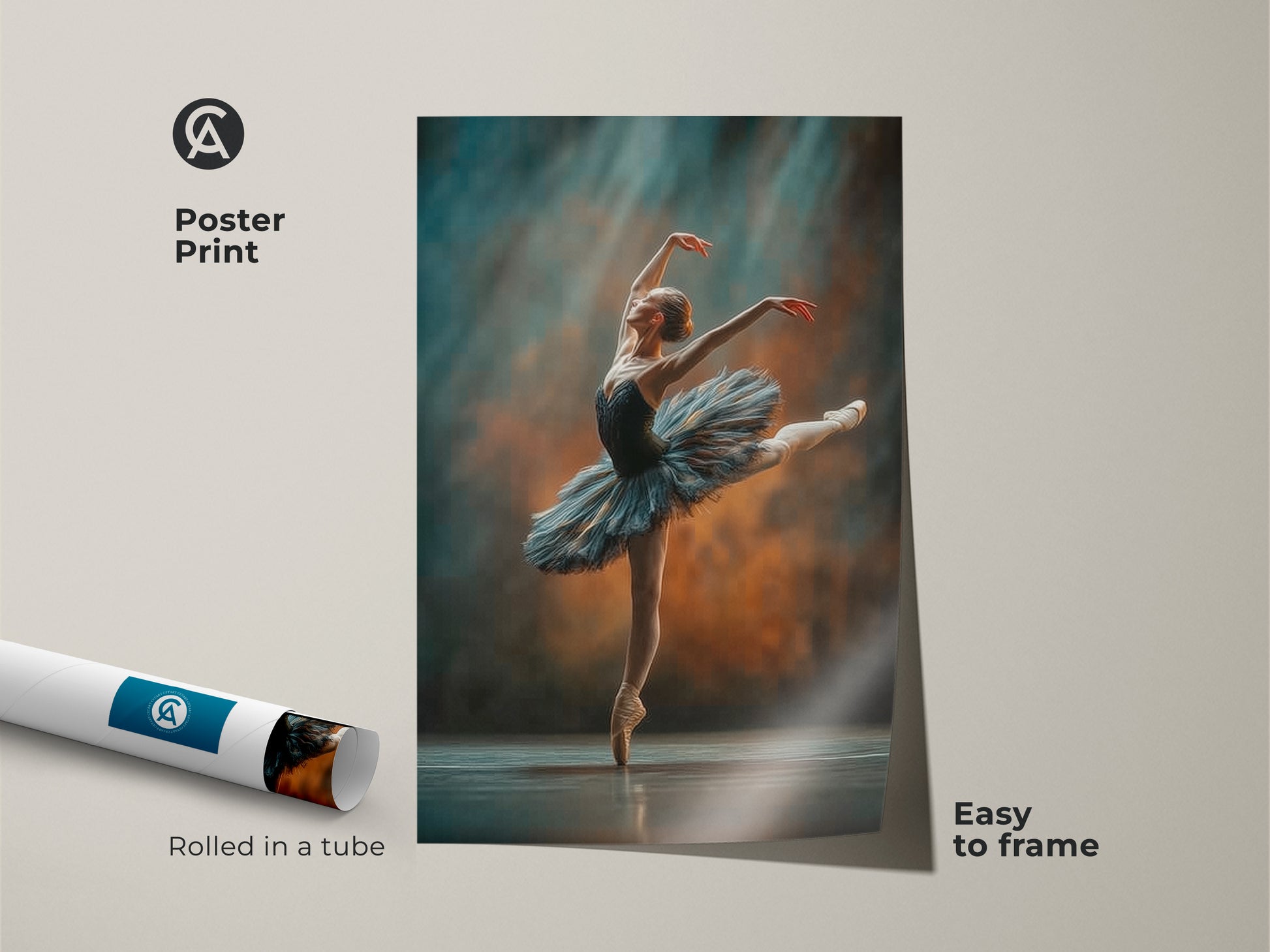 Poster print of a ballerina in a tube. Easy to frame and display. The ballerina artwork features a dancer in a blue tutu. She is gracefully posed en pointe. This ballet art adds elegance to any room. Rolled for protection during shipping.