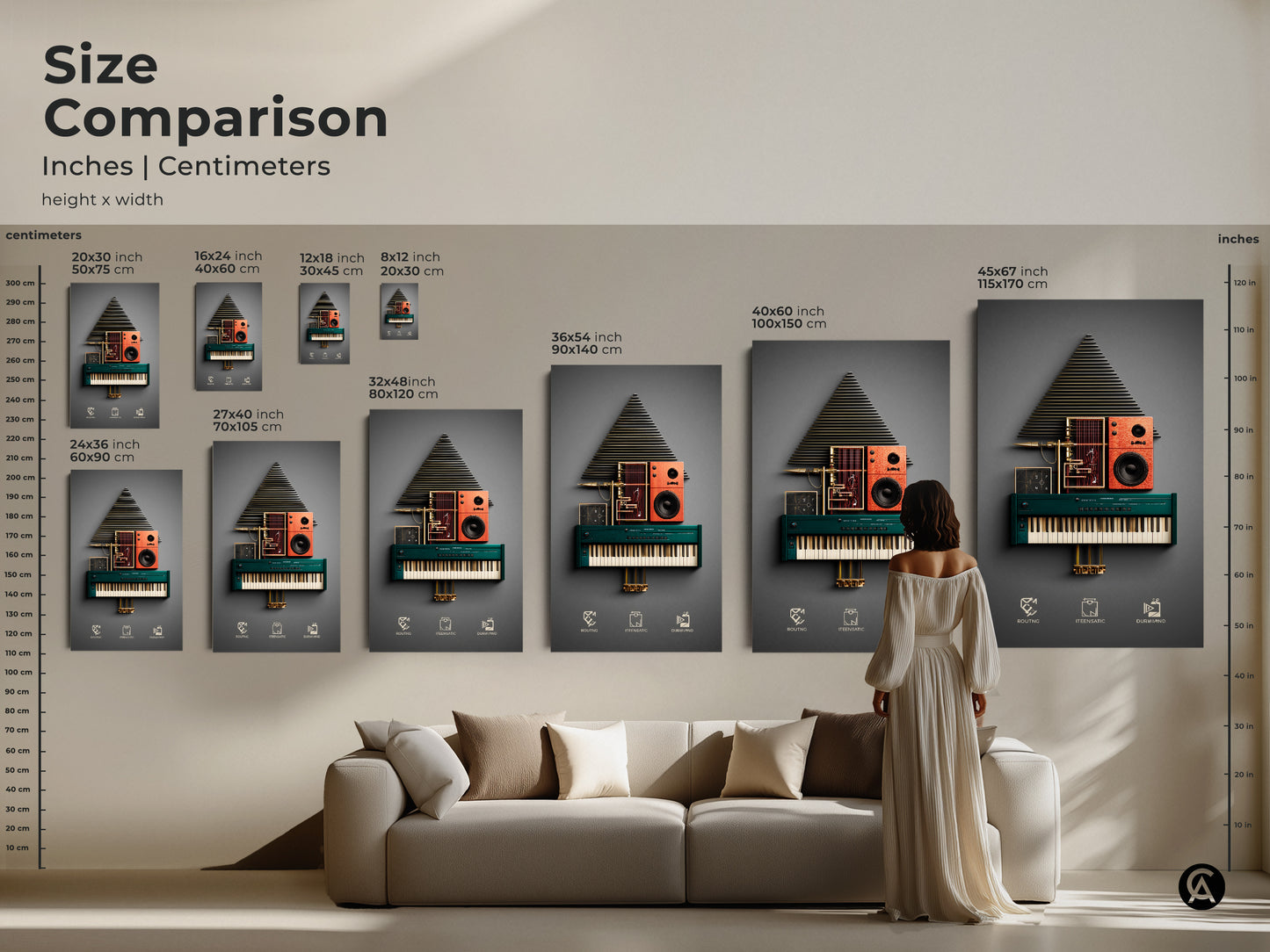 Size comparison of abstract synth artwork in inches and centimeters. Modern geometric art in a living room setting. Available as canvas or poster print. Great for music lovers and tech enthusiasts in any creative space.