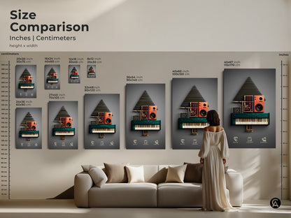 Size comparison of abstract synth artwork in inches and centimeters. Modern geometric art in a living room setting. Available as canvas or poster print. Great for music lovers and tech enthusiasts in any creative space.