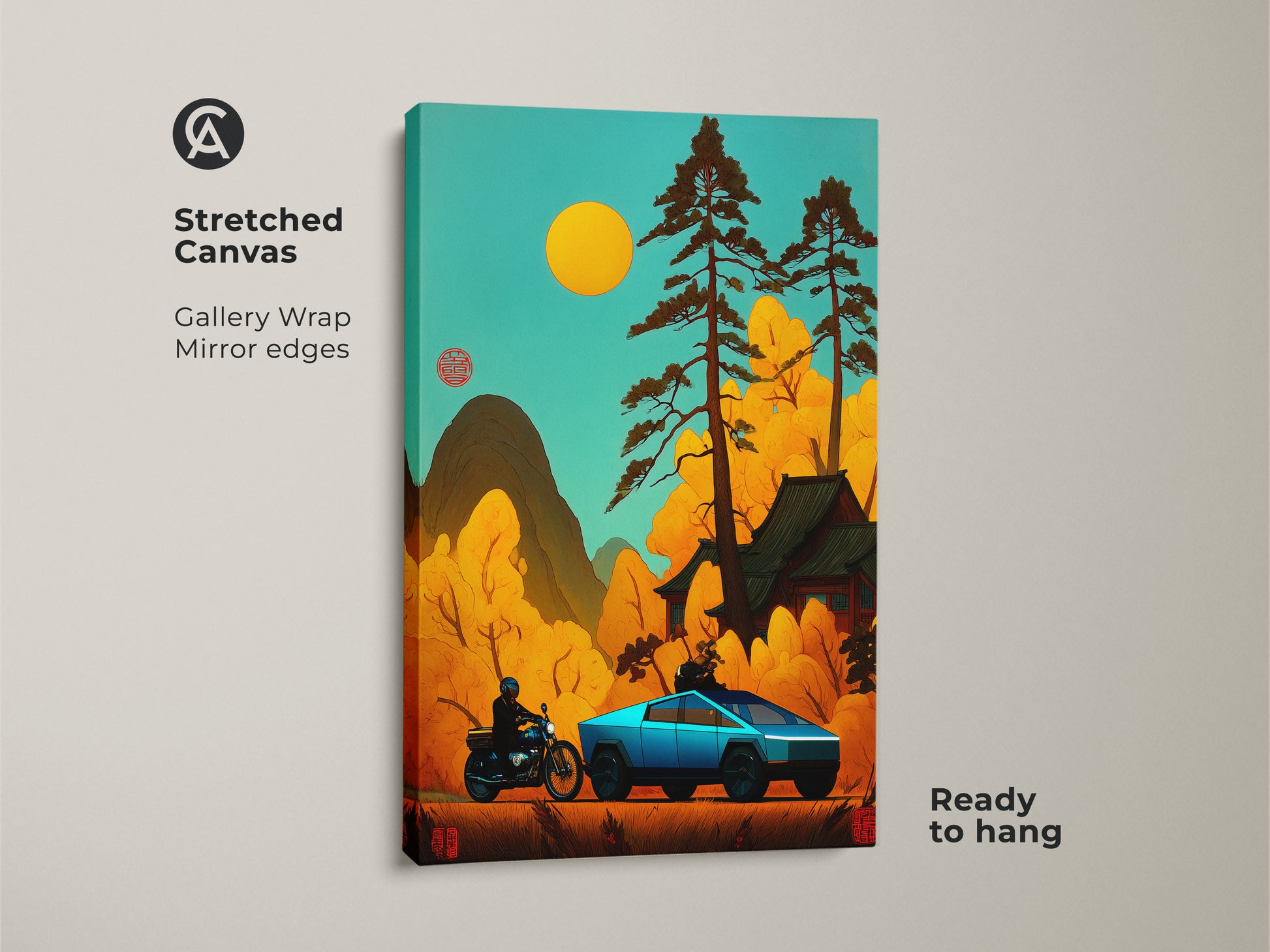 Retro Japanese art print featuring a Cybertruck and motorcycle displayed on a stretched canvas. Gallery wrapped with mirrored edges it's ready to hang. The teal and orange landscape creates a vintage motorbike decor feel. This Asian-inspired artwork is perfect for automotive art collectors.