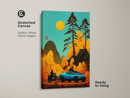 Retro Japanese art print featuring a Cybertruck and motorcycle displayed on a stretched canvas. Gallery wrapped with mirrored edges it's ready to hang. The teal and orange landscape creates a vintage motorbike decor feel. This Asian-inspired artwork is perfect for automotive art collectors.