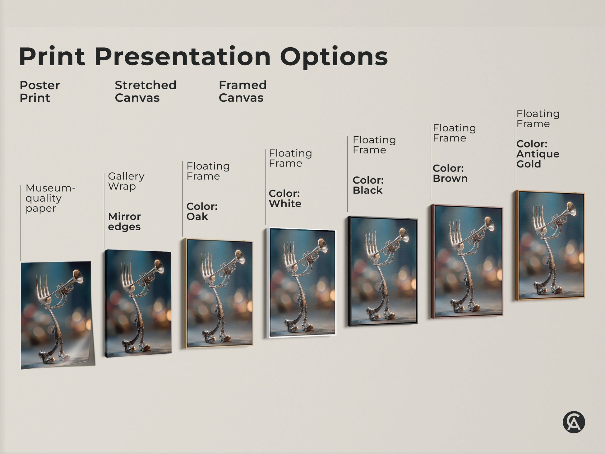 Explore print presentation options for this surreal artwork. Choose from poster prints and stretched canvas. Framed canvas options are also available. Find the perfect style to display this unique fork and trumpet art.