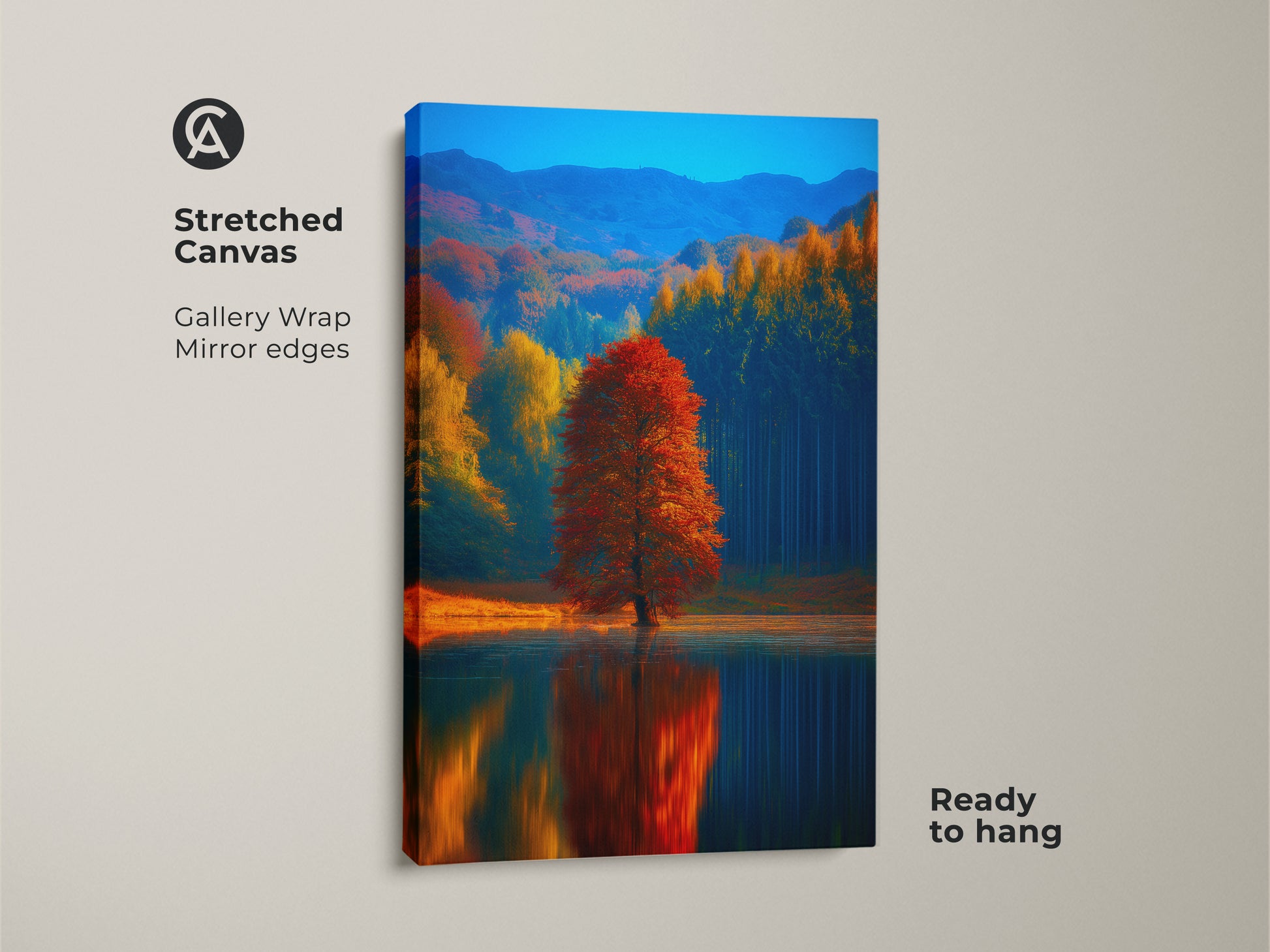 Stretched canvas gallery wrap showcases an autumn lake landscape. The red tree reflection wall art adds color to any room. Impressionistic fall nature artwork is ready to hang. It is a perfect housewarming gift for art and nature enthusiasts. Mirror edges enhance the artwork.