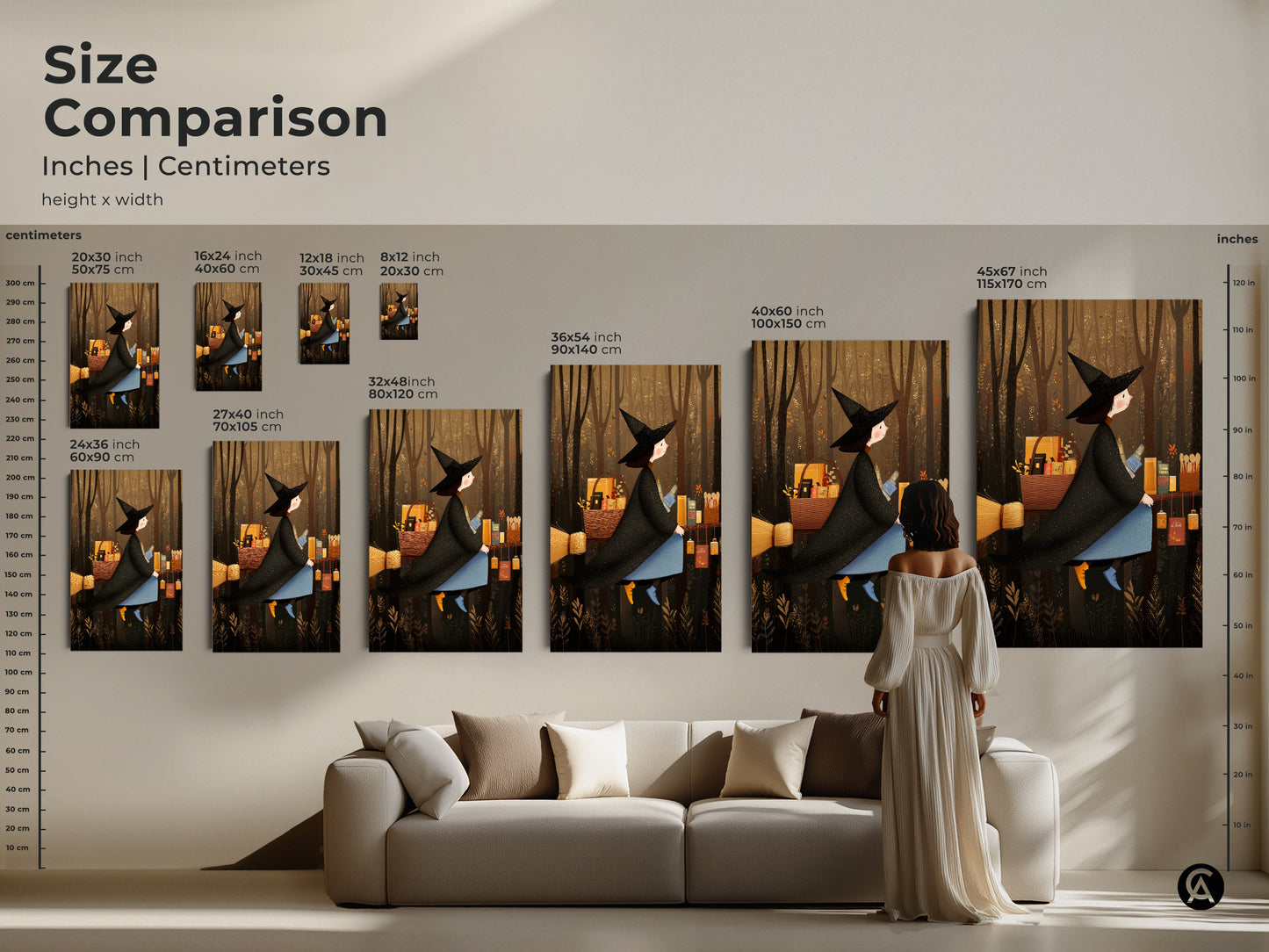 Size comparison showcasing witch art prints in inches and centimeters. See how the autumn fantasy artwork looks above a sofa. Various dimensions available. Enhance your home decor today.