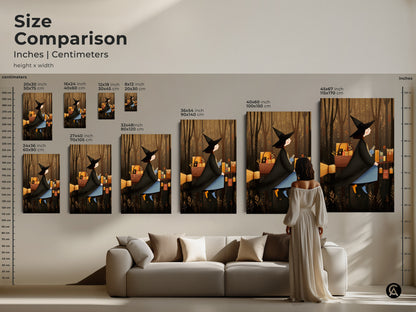 Size comparison showcasing witch art prints in inches and centimeters. See how the autumn fantasy artwork looks above a sofa. Various dimensions available. Enhance your home decor today.