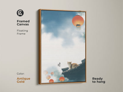 Framed canvas art print featuring a cat on a rooftop. This floating frame is antique gold. The traditional Asian cat art includes orange lanterns and a blue sky. Ready to hang this piece adds an eclectic touch to any room. Perfect as a housewarming gift for cat lovers this is cozy bedroom wall decor.