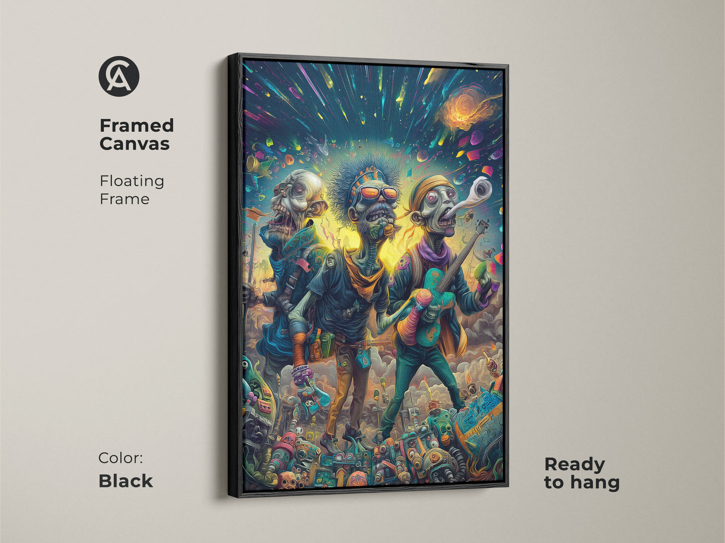 Framed canvas art print of a zombie band. The artwork depicts three undead musicians playing under a cosmic sky. The canvas is set in a sleek black floating frame and is ready to hang. An ideal piece for adding an edgy vibe to your home decor.