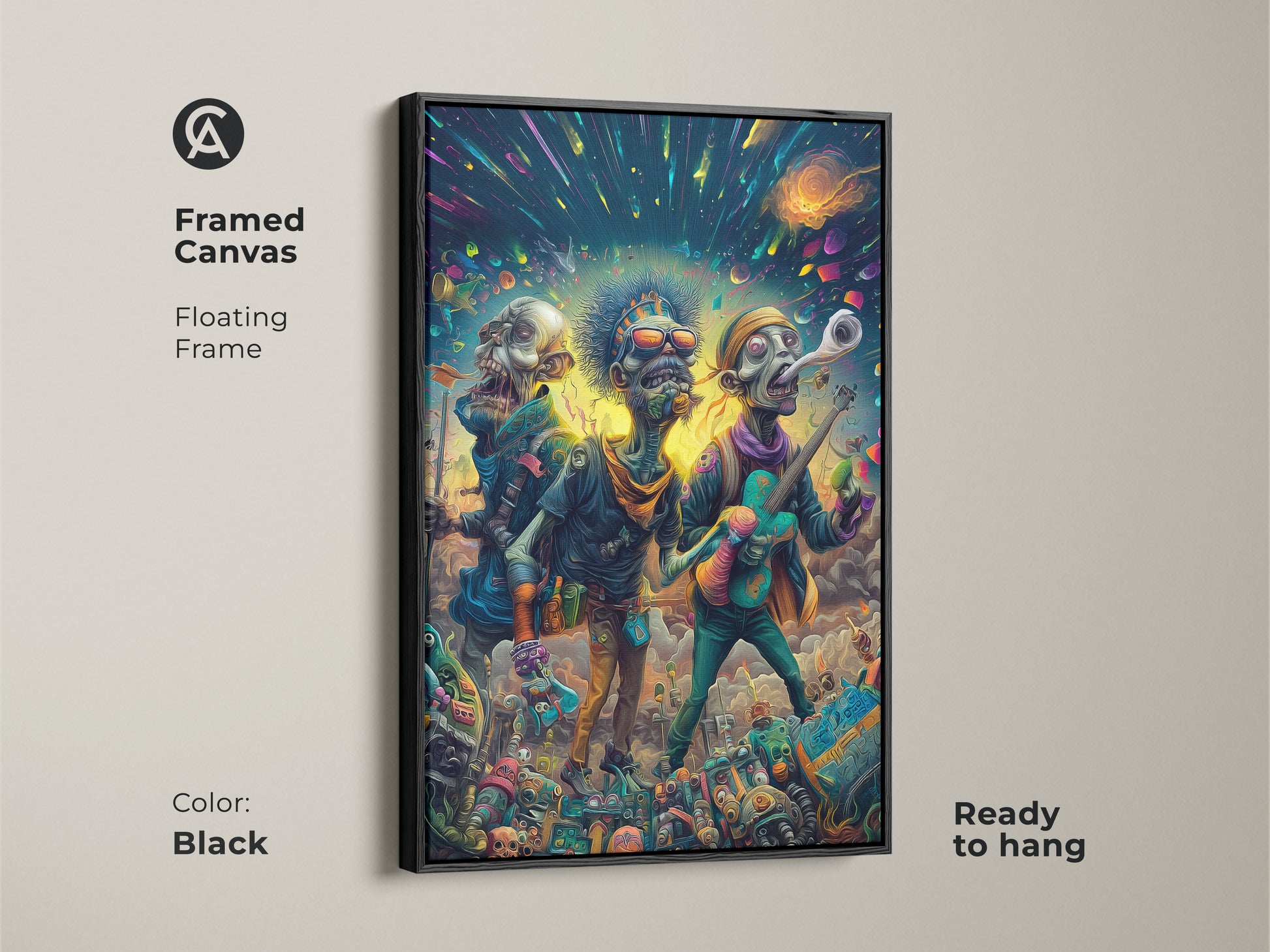 Framed canvas art print of a zombie band. The artwork depicts three undead musicians playing under a cosmic sky. The canvas is set in a sleek black floating frame and is ready to hang. An ideal piece for adding an edgy vibe to your home decor.