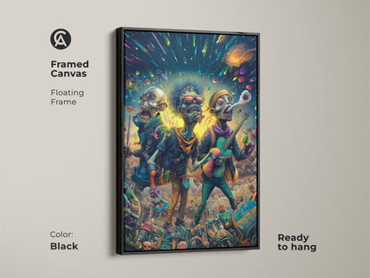 Framed canvas art print of a zombie band. The artwork depicts three undead musicians playing under a cosmic sky. The canvas is set in a sleek black floating frame and is ready to hang. An ideal piece for adding an edgy vibe to your home decor.
