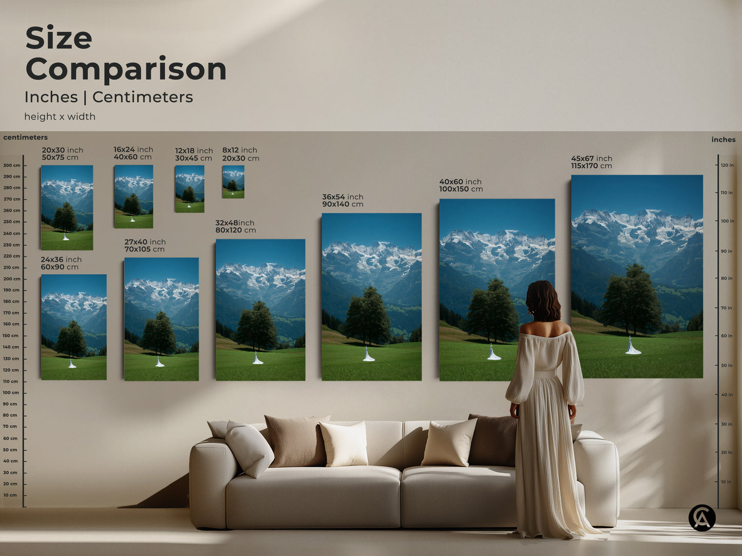 Size comparison for cinematic mountain artwork. View canvas prints in various sizes from small to large. Perfect for adding a fine art landscape canvas to your living room. The art features a bride figure. Sizes are displayed in inches and centimeters. Visualize the impact of this blue green wall art. Contemporary home decor print.