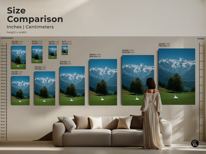 Size comparison for cinematic mountain artwork. View canvas prints in various sizes from small to large. Perfect for adding a fine art landscape canvas to your living room. The art features a bride figure. Sizes are displayed in inches and centimeters. Visualize the impact of this blue green wall art. Contemporary home decor print.