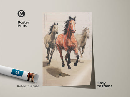 Poster print of expressionist horse art rolled in a tube. Easy to frame this terracotta equestrian gift. A beige animal wall art print for horse lovers home decor.