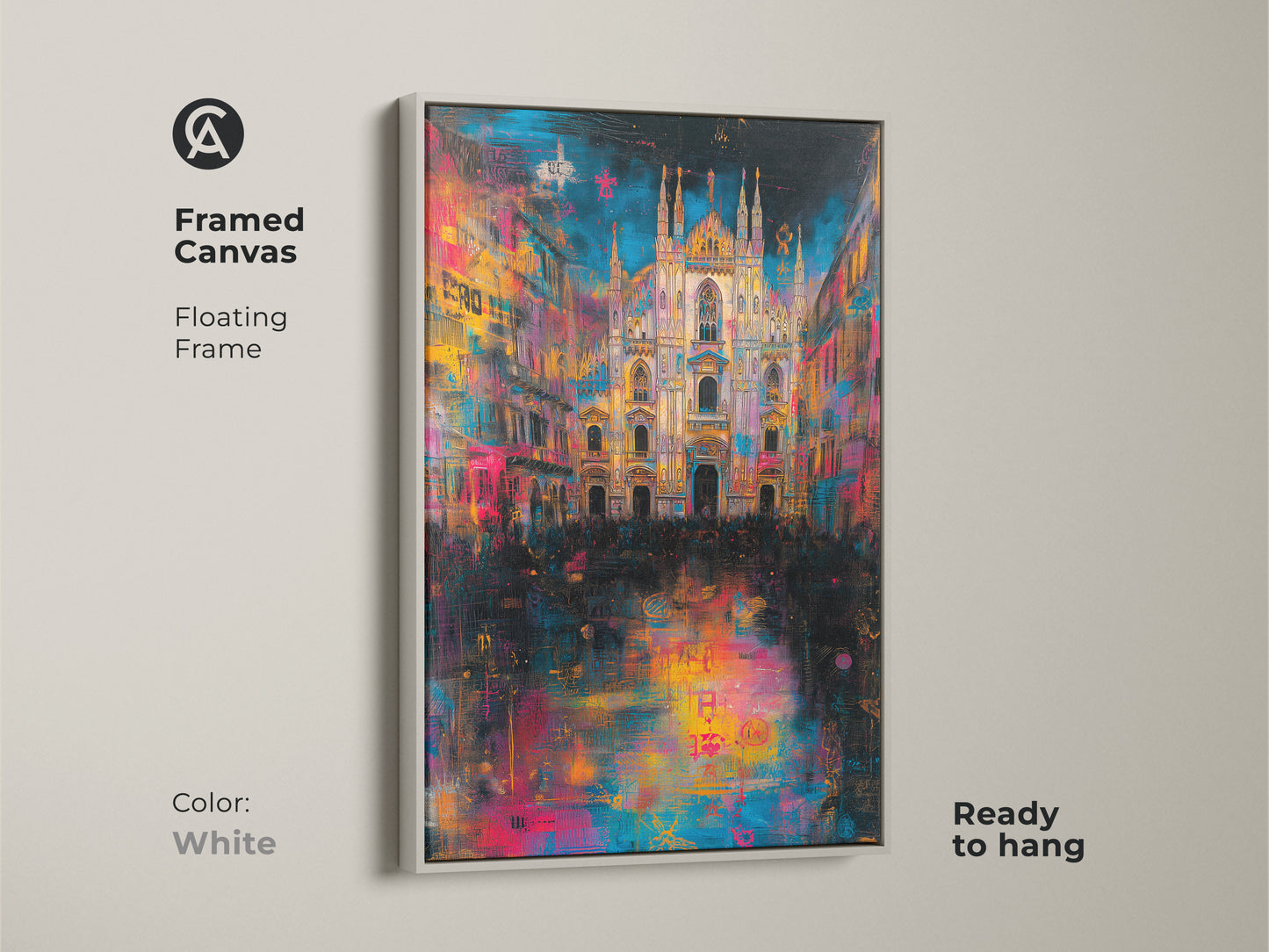 Framed canvas art featuring the Milan Cathedral. The floating frame offers a modern aesthetic. The white frame enhances the colorful art. The canvas is ready to hang. A great piece for any art lover.