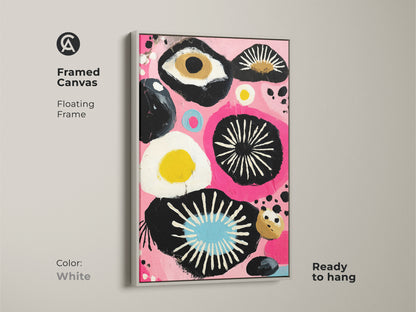 Framed canvas with a white floating frame showing quirky wall art decor. The pink abstract canvas is ready to hang. A modern art print to brighten your home. Perfect gift for art enthusiast.