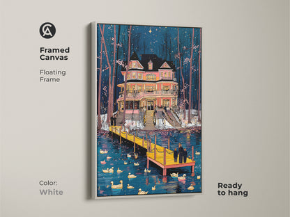 White Framed Canvas presenting a Victorian Mansion nestled by a Duck Lake. Floating frame is ready to hang. The blue pink sunset art complements eclectic decor. Artistic house illustration in calming shades.