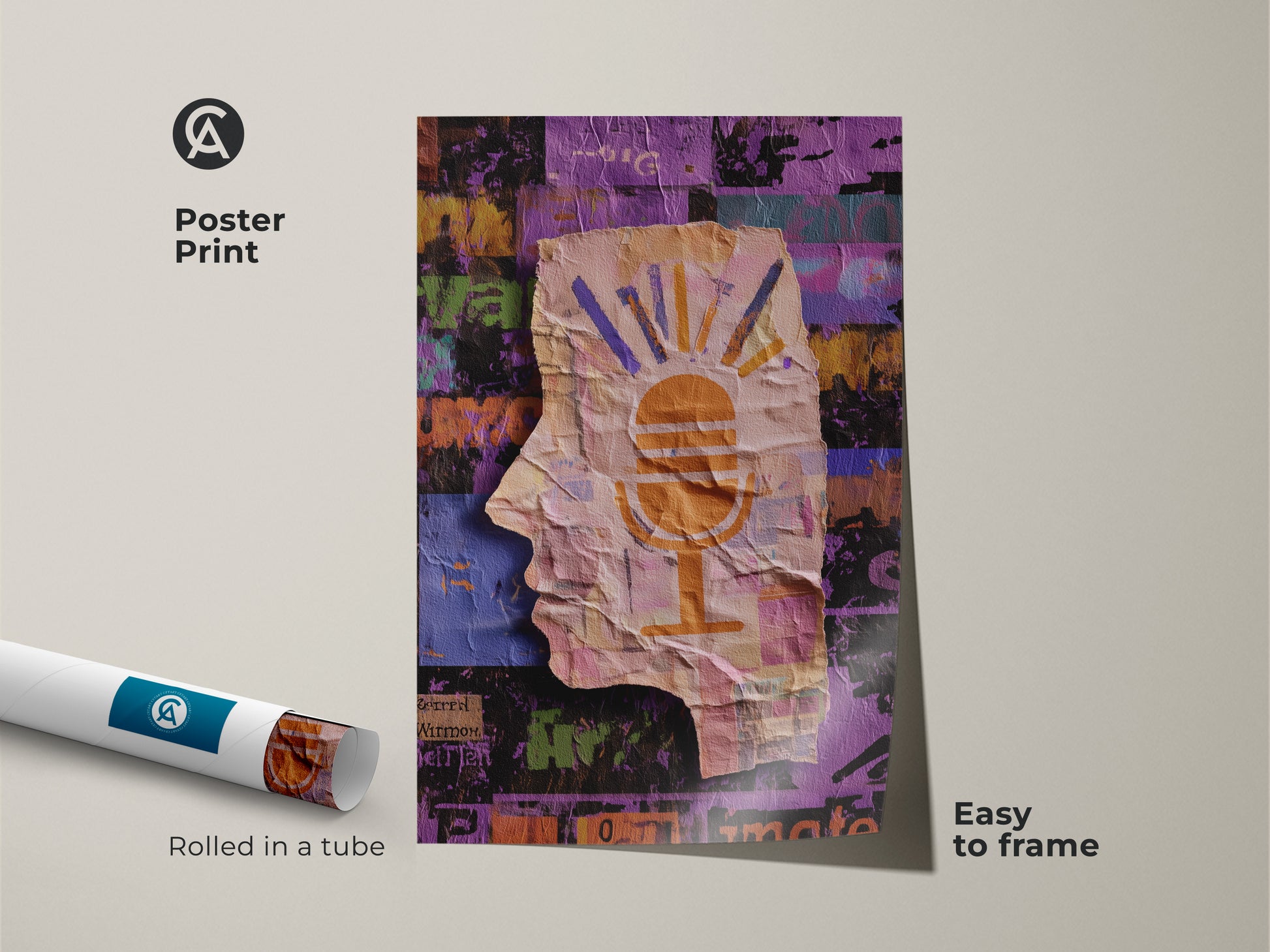 Poster print featuring an abstract head silhouette art. Rolled in a tube easy to frame. The orange yellow purple collage art adds an eclectic touch. This unique piece is perfect for a creative space a musician gift idea or as wall art for music lovers.