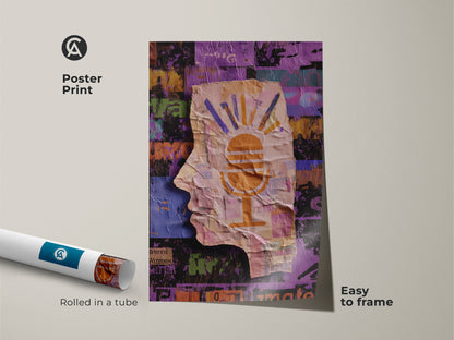 Poster print featuring an abstract head silhouette art. Rolled in a tube easy to frame. The orange yellow purple collage art adds an eclectic touch. This unique piece is perfect for a creative space a musician gift idea or as wall art for music lovers.