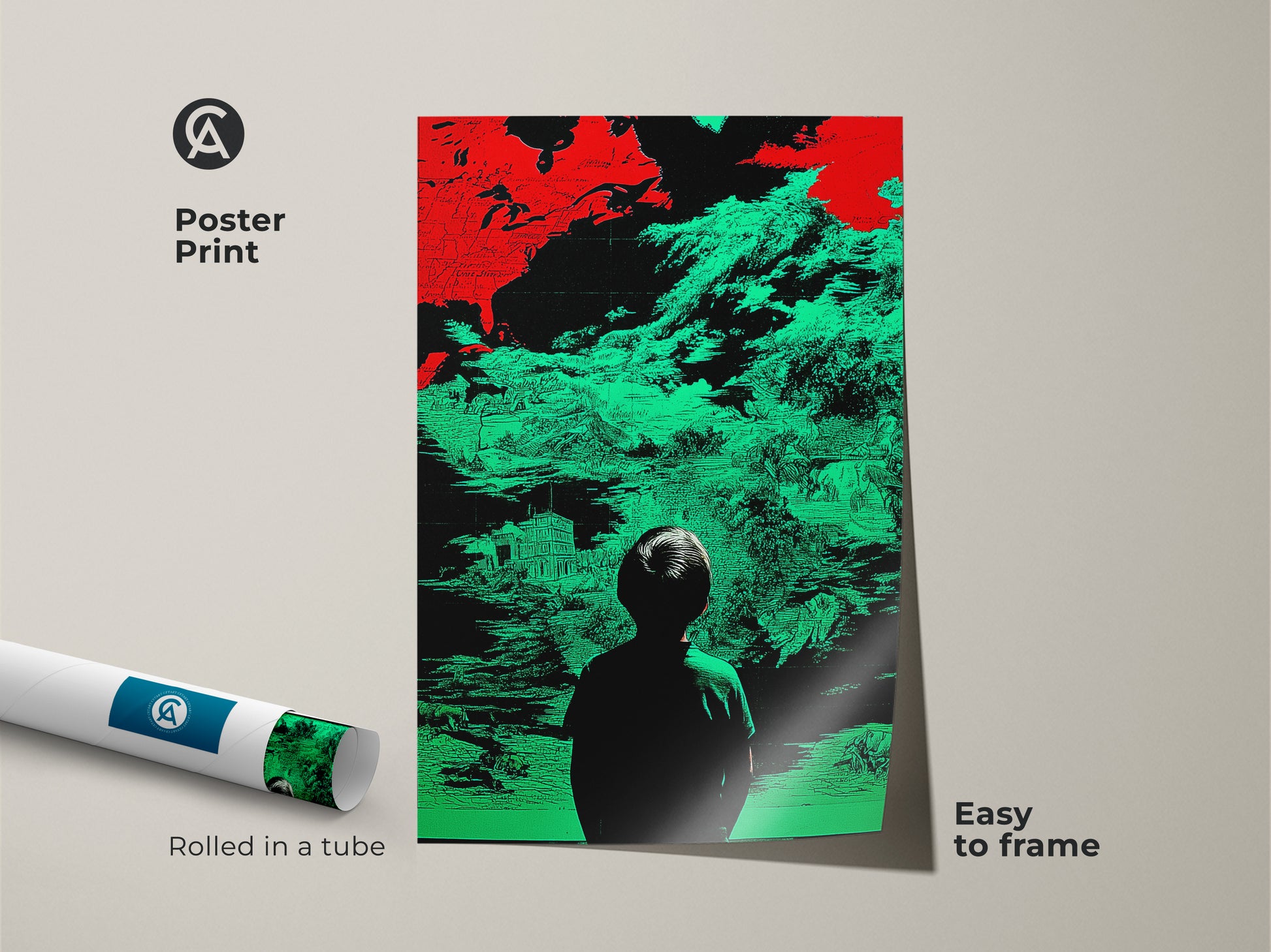 A poster print showcasing surreal glitch art with a child silhouette. This abstract map artwork features a red and green color scheme. The poster is easy to frame and arrives rolled in a tube. Ideal for adding a modern surrealist painting to your space. The conceptual figurative art is perfect for any wall.