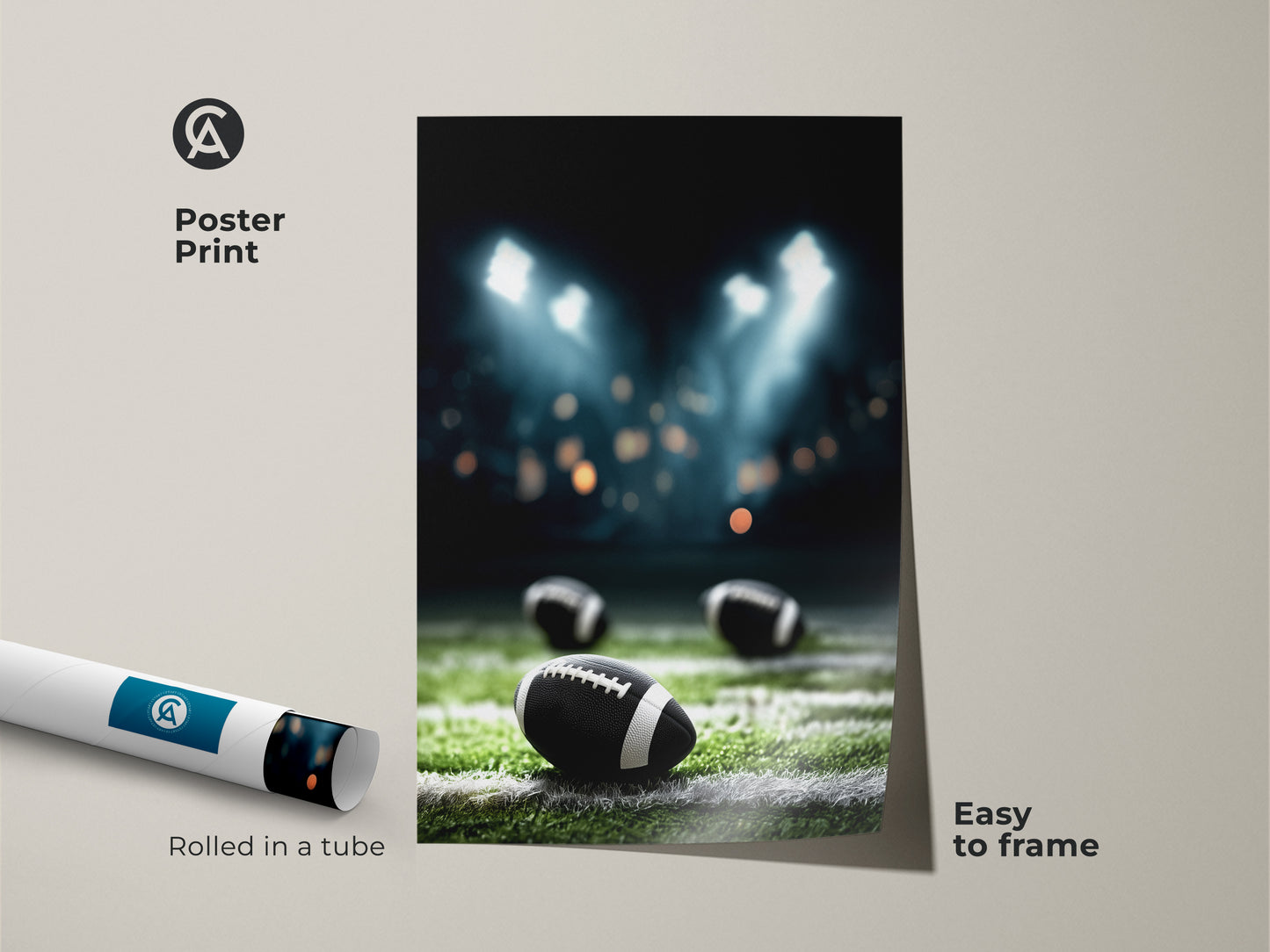Poster Print of American Football field under stadium lights. This sports artwork is easy to frame and perfect for a sports bar or home gym. Rolled in a tube for protection. It is an ideal gift for football fans. The dark green and blue canvas print captures the intensity of a night game. A must-have for any sports enthusiast.