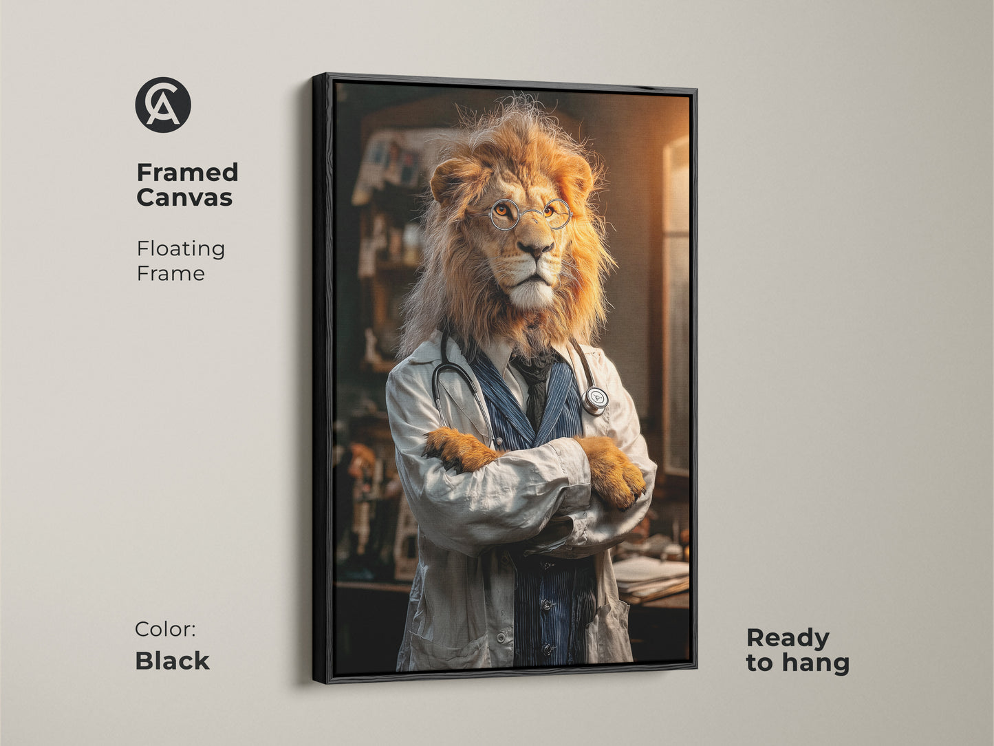 Black framed canvas print featuring a lion dressed as a doctor. Ready to hang this animal-themed art adds a professional touch to any office. Perfect as medical office wall art or a unique gift idea for a doctor with its gold orange surrealism.