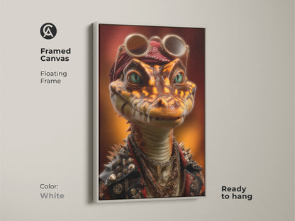 Framed canvas art of a steampunk alligator with a floating frame. The punk rock reptile art is ready to hang. The cool animal artwork features an alligator in a spiked leather jacket with a bandana. This unique reptile print adds character to a den or themed bar decor. The white frame enhances the details.