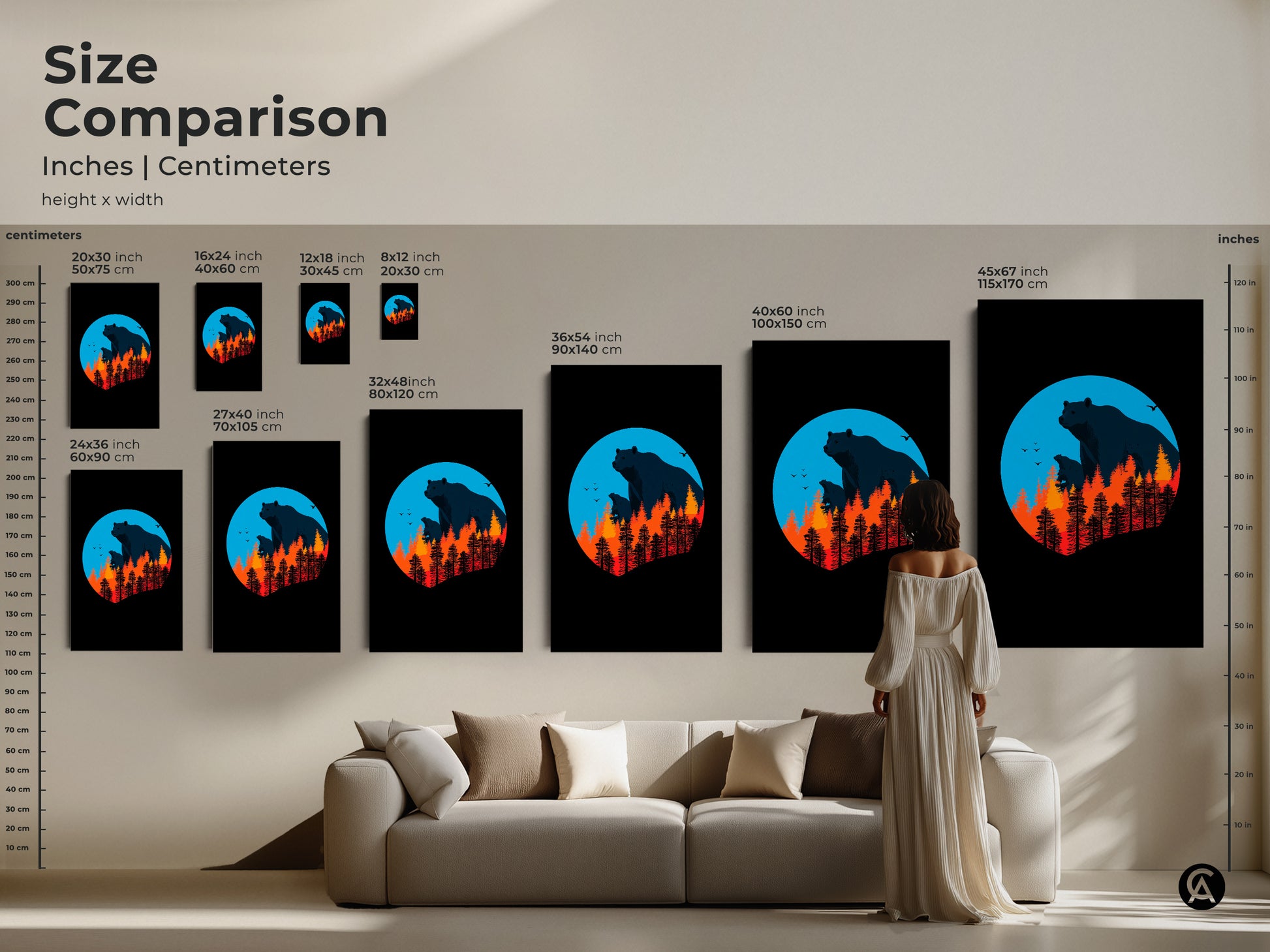 Compare sizes of this bear and forest fire art print available in inches and centimeters. Visualize the perfect fit within your living space. This modern minimalist art is ideal for any animal lover's home.