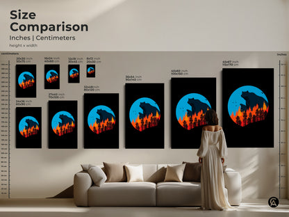 Compare sizes of this bear and forest fire art print available in inches and centimeters. Visualize the perfect fit within your living space. This modern minimalist art is ideal for any animal lover's home.