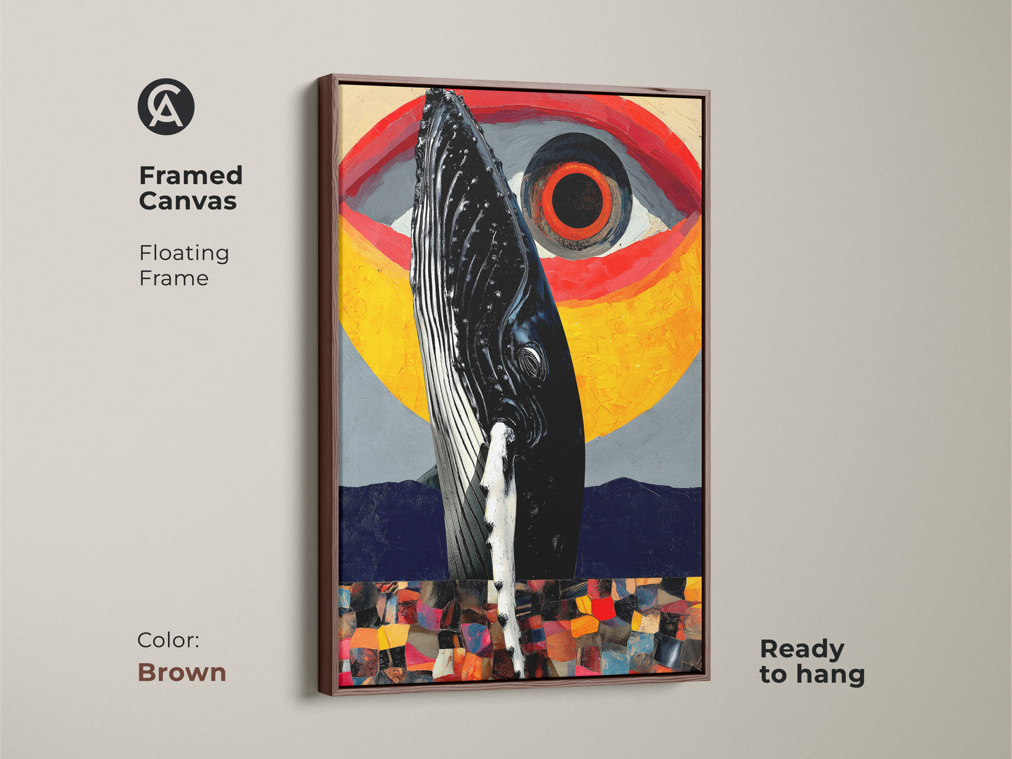 Framed canvas showcasing a surreal whale eye artwork. The floating frame in brown enhances this abstract whale collage wall art. This ocean creature canvas print blends yellow red and gray wall decor adding a warm artistic touch. Ready to hang bring marine life inspired art to your space.