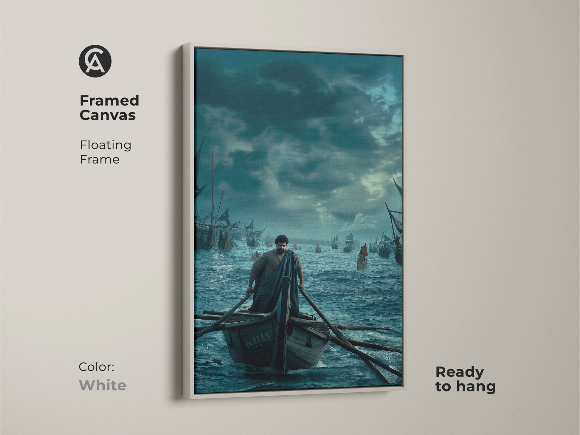 White framed canvas featuring nautical man rowing boat artwork. This maritime canvas print is ready to hang. The ocean blue wall decor complements traditional home styles. Makes a thoughtful housewarming gift for history buffs and lovers of seafaring art.