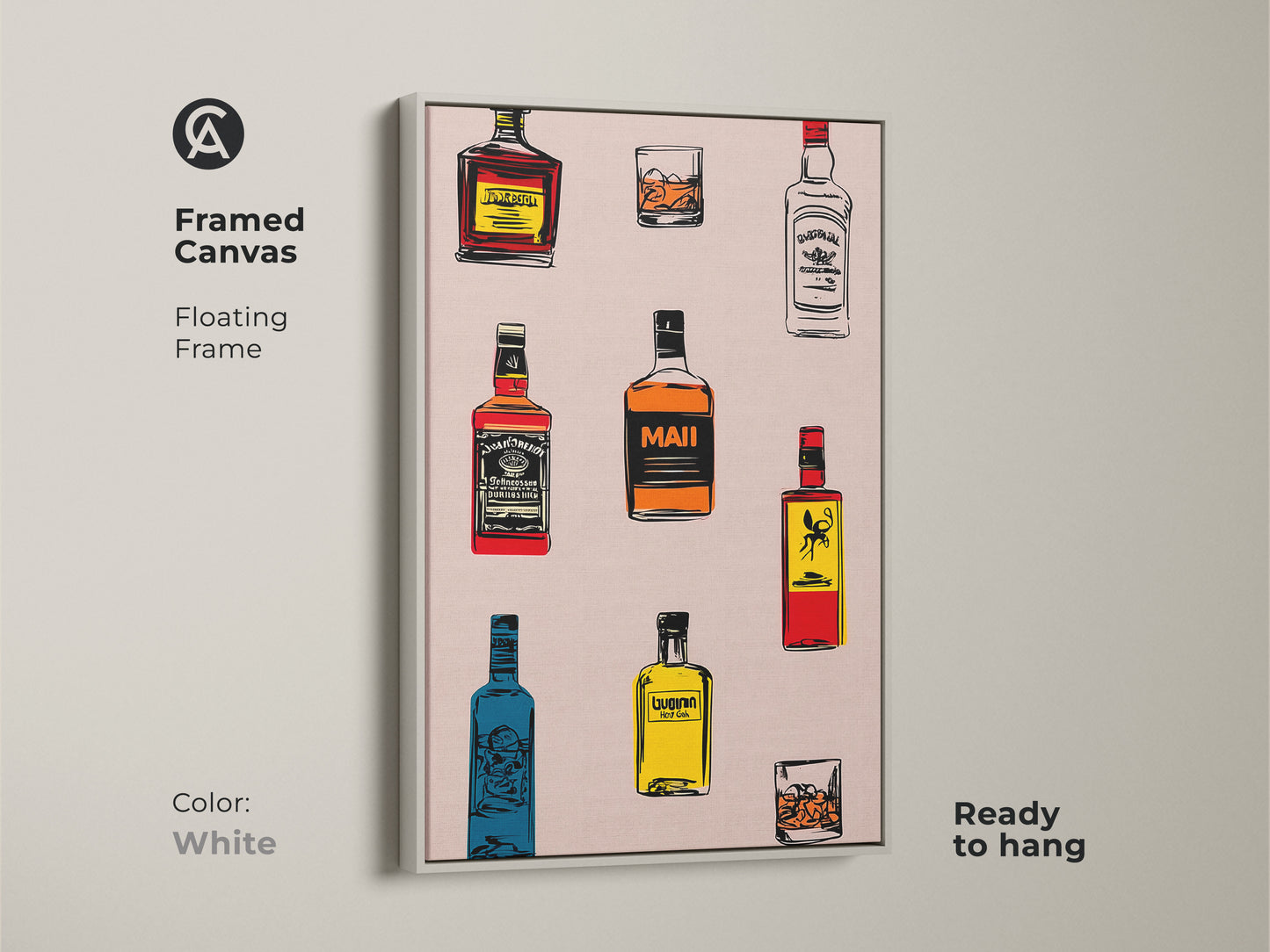 A framed canvas with a floating frame shows retro bar artwork. A white frame holds whiskey bottle art. The cocktail glass poster is ready to hang. It's an alcohol themed art.