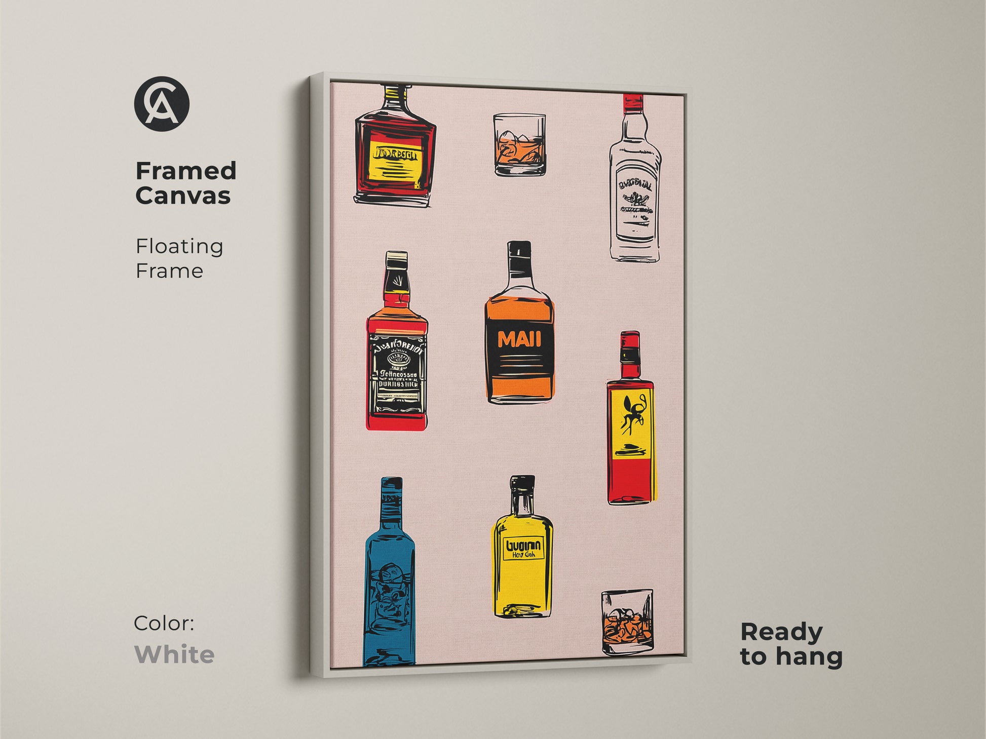 A framed canvas with a floating frame shows retro bar artwork. A white frame holds whiskey bottle art. The cocktail glass poster is ready to hang. It's an alcohol themed art.